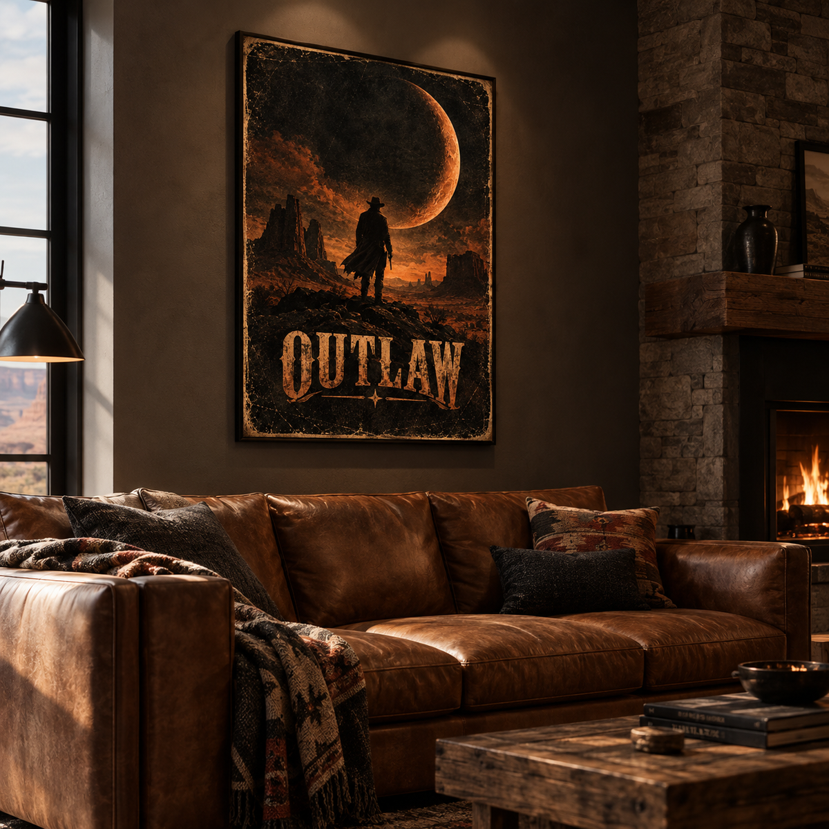 Cowboy wall art print in black and burnt orange with bold vintage OUTLAW lettering