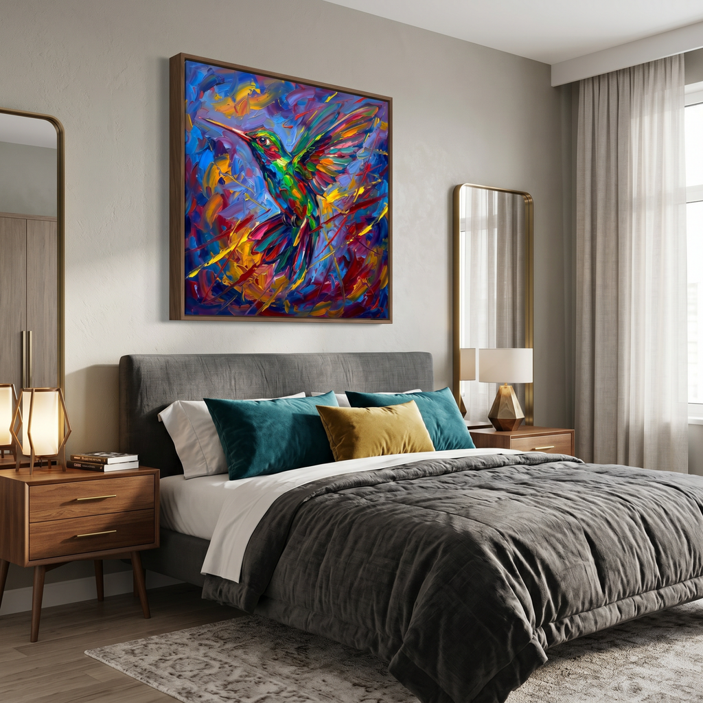 Hummingbird wall art above bed — charged color and motion, bedroom nature print that holds the whole room