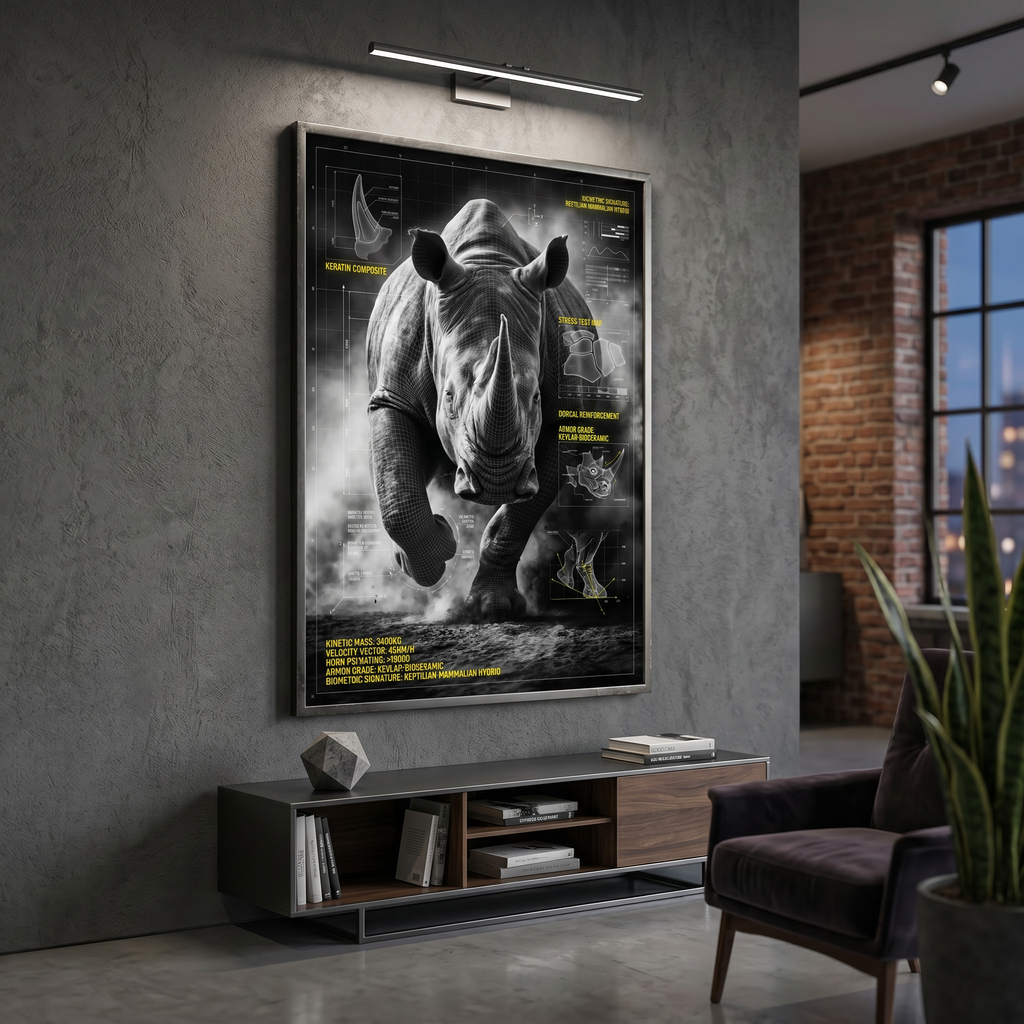 nature rebuilt as a classified technical document, rhino blueprint art print