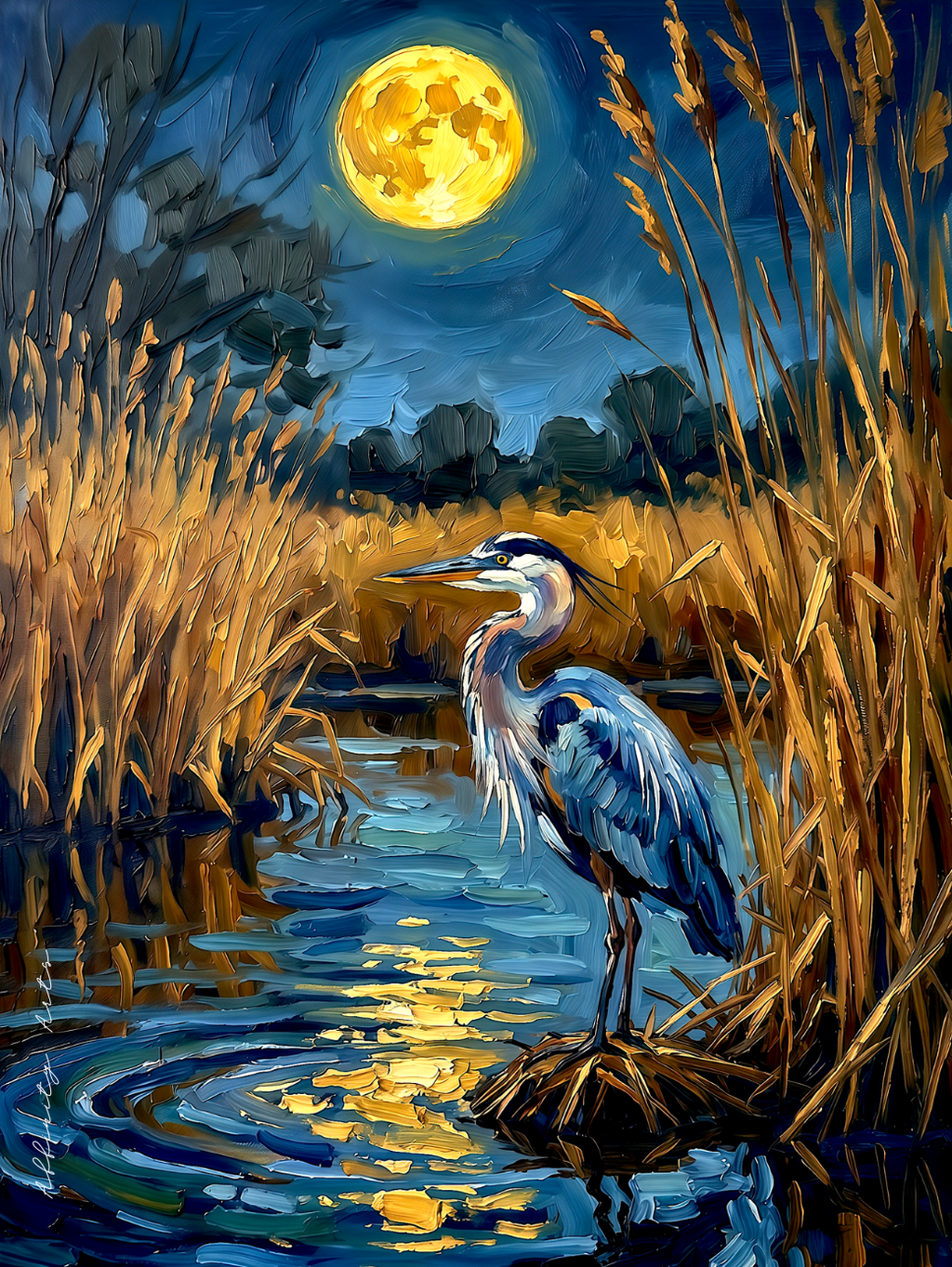 Blue heron print on stretched canvas — gallery wrap, archival inks, sizes 16×20 to 30×40 inches, ready to hang.