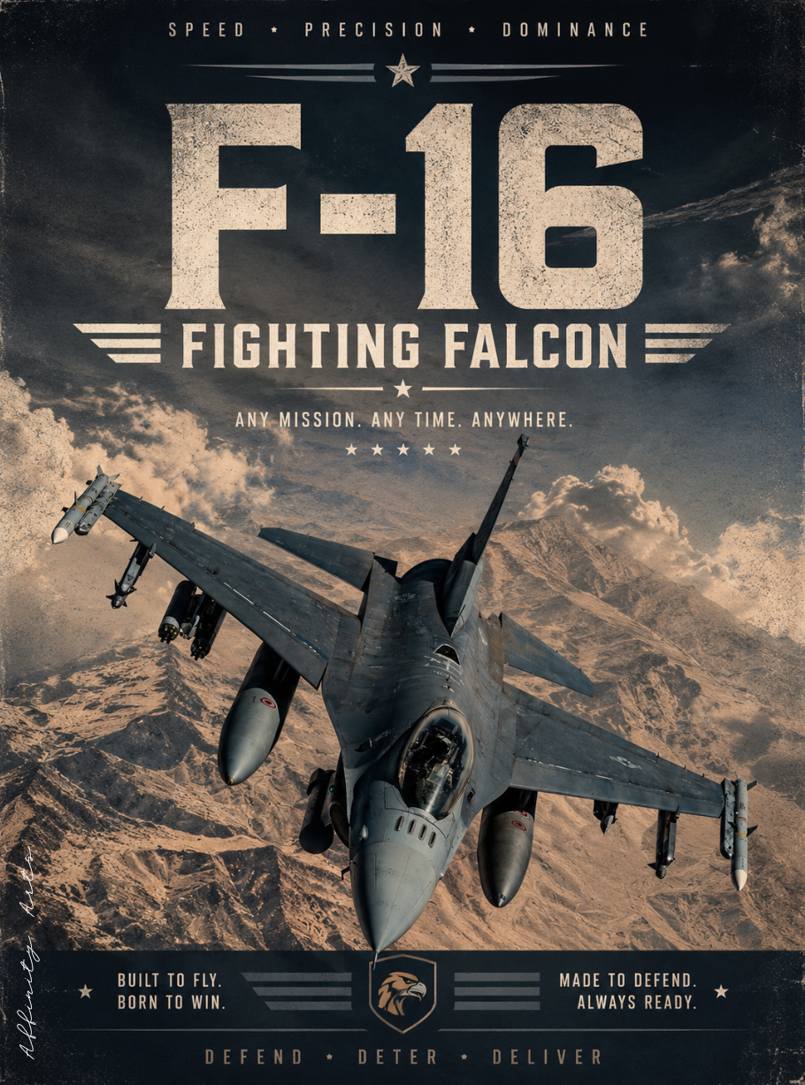 F-16 Fighting Falcon fighter jet poster - vintage military aviation wall art print for office or veteran gift