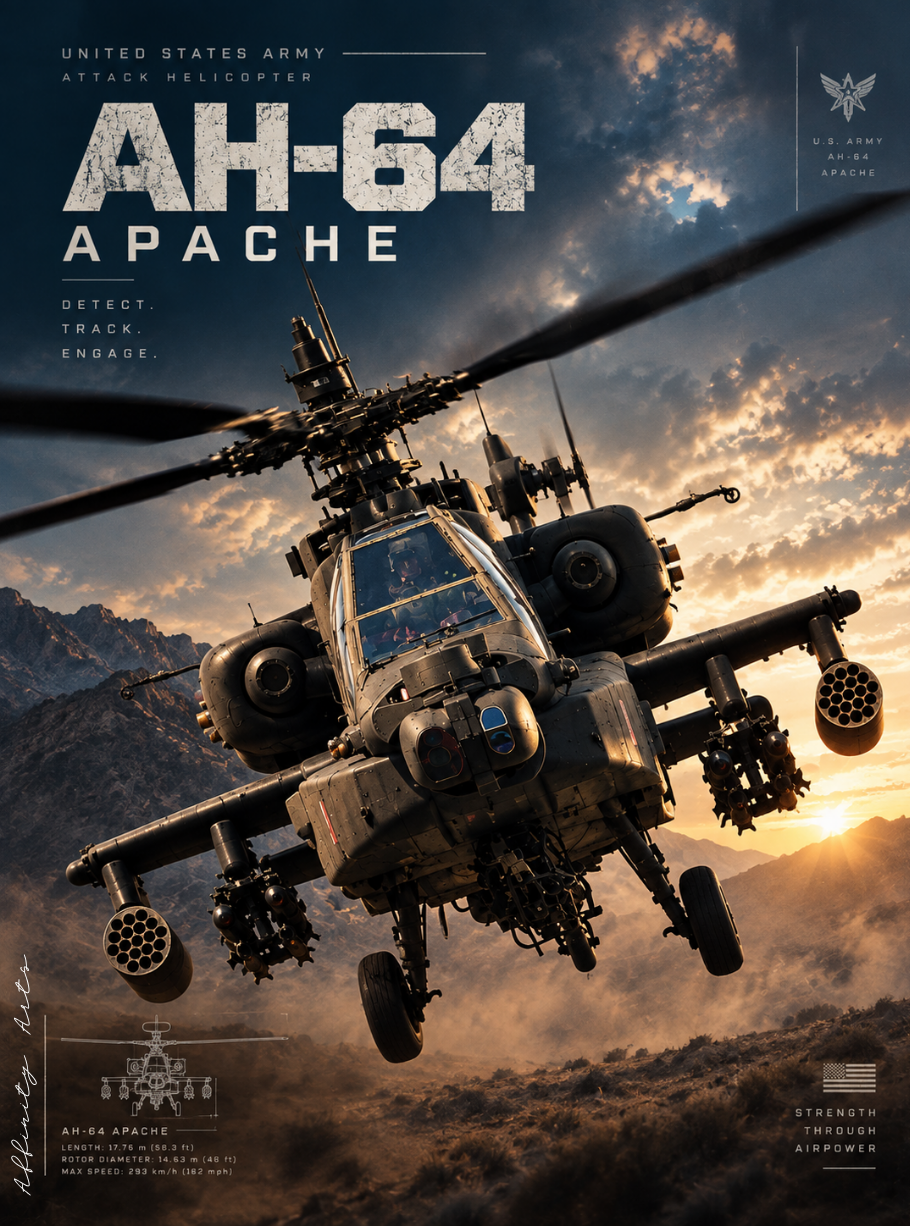 Attack helicopter poster with military typography and specs