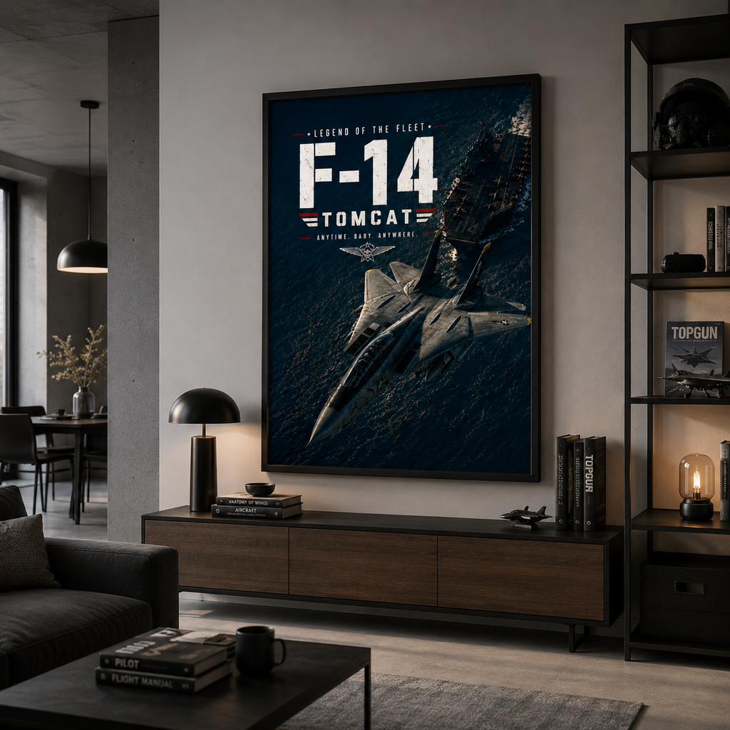 Military jet poster bringing quiet strength and altitude into a dark-walled room