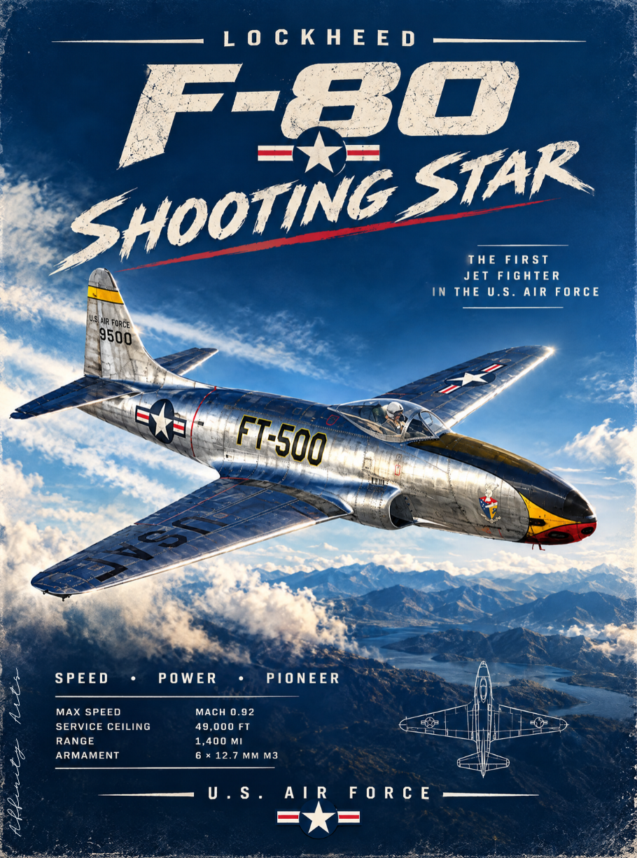 Fighter jet poster with a silver F-80 aircraft, U.S. Air Force roundel and yellow nose and tail markings