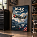 P-47 Thunderbolt poster showing two WW2 warbirds flying through dramatic clouds over green countryside