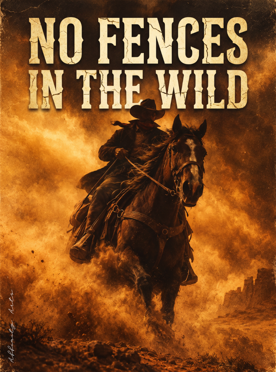 Cracked vintage lettering "NO FENCES IN THE WILD" on a dusty desert western poster
