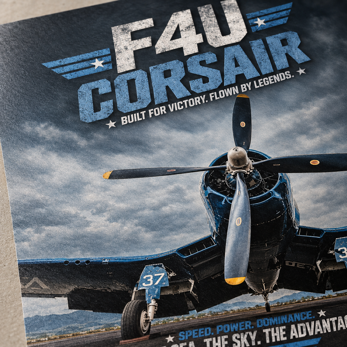 F4U Corsair print detail showing aircraft nose art and propeller