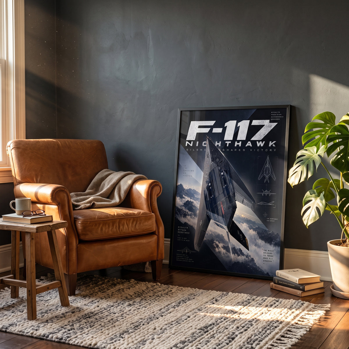 Dark navy, black and steel-blue color palette with warm light accents, vertical 3:4 aviation poster