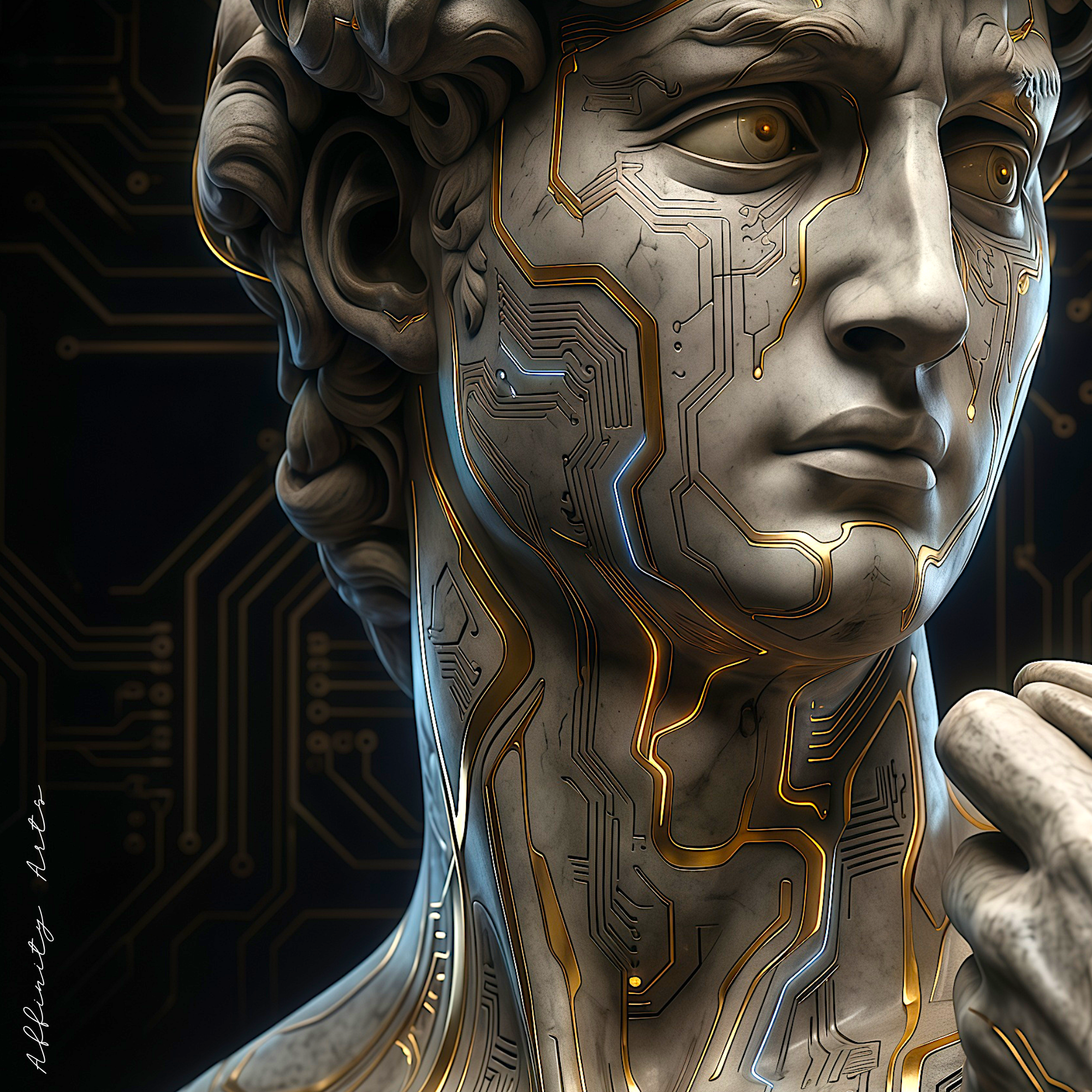 Premium matte poster — greek statue cyberpunk print, archival ink 250gsm, close-up detail