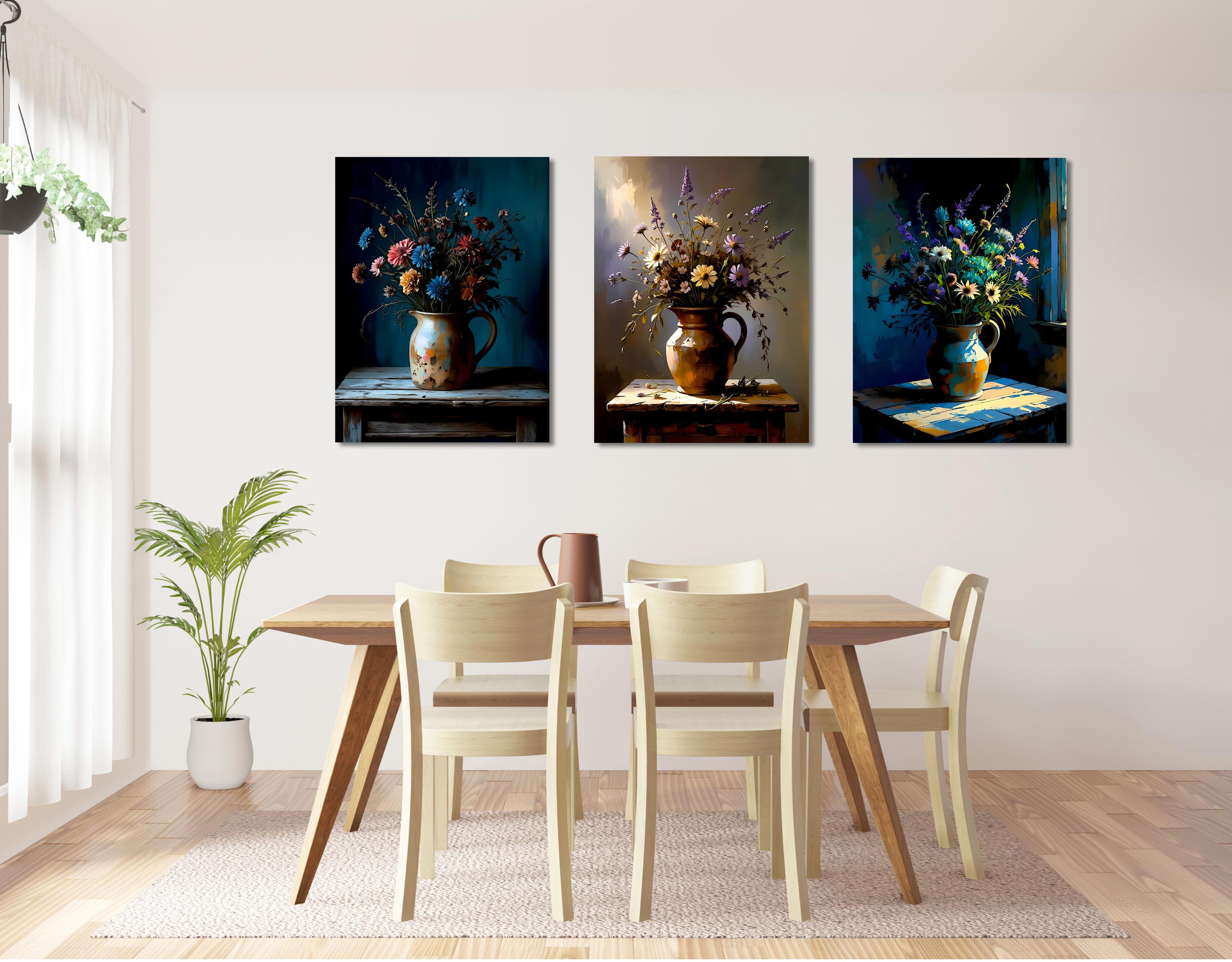 Rustic floral artwork set showing daisies and meadow flowers in handmade ceramic vases, dark atmospheric background