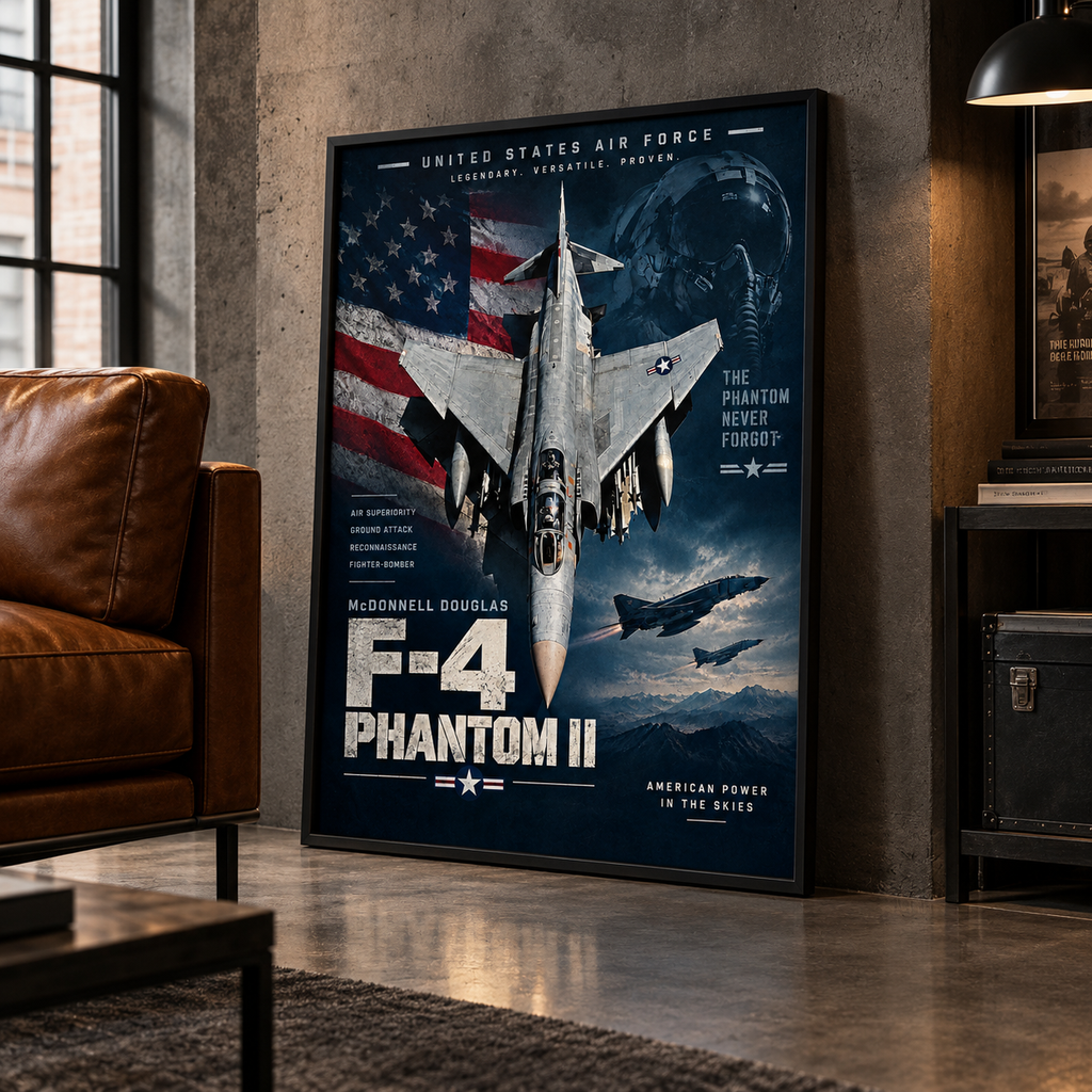 F4 Phantom poster featuring a silver USAF fighter jet seen from above over an American flag
