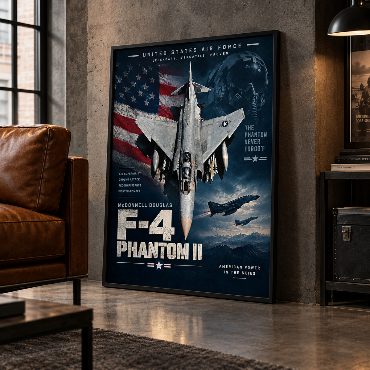 F4 Phantom poster featuring a silver USAF fighter jet seen from above over an American flag