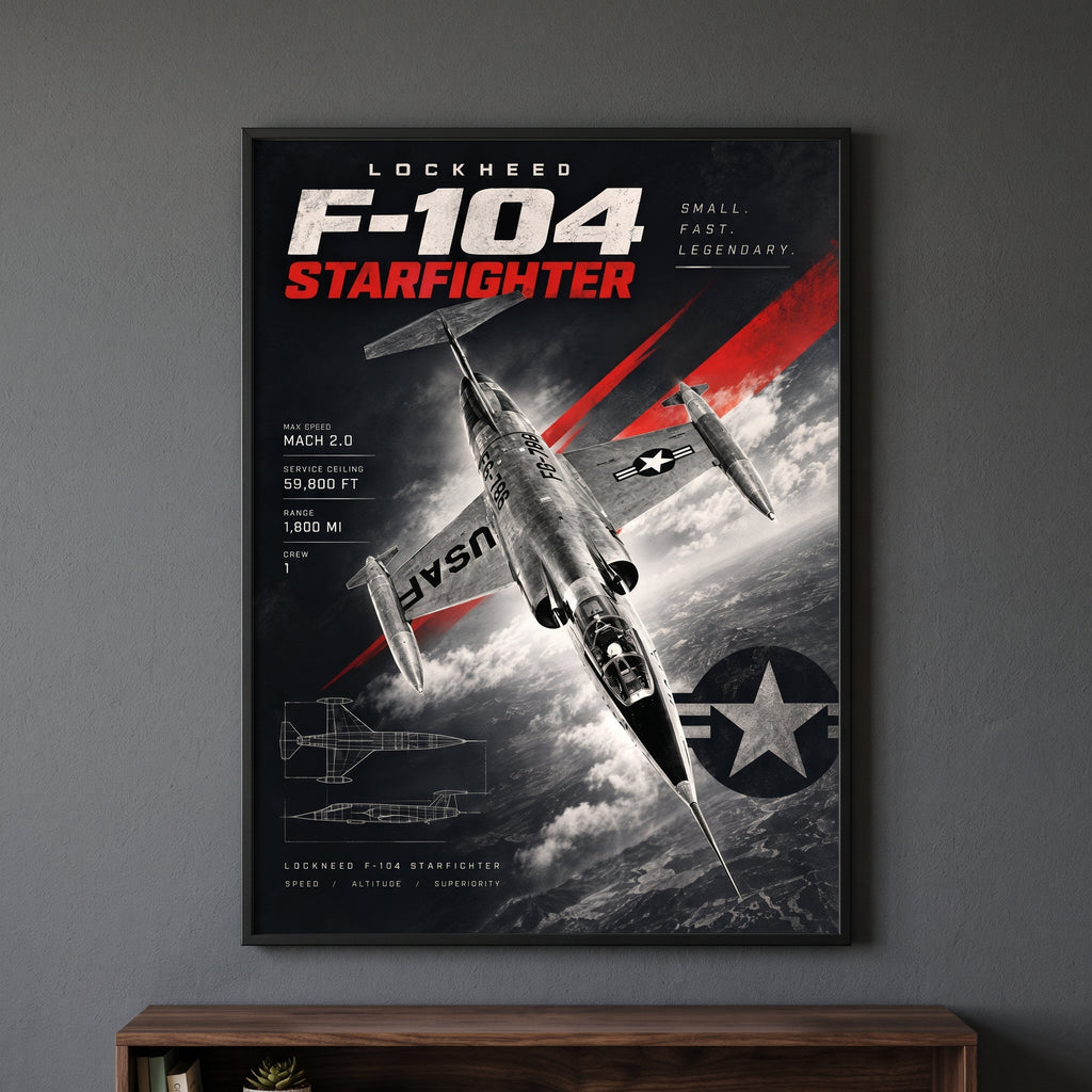 F-104 Starfighter poster in black and white with bold red diagonal accents and a USAF roundel