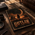 Western outlaw poster of a cowboy silhouette standing before a giant copper crescent moon over desert buttes