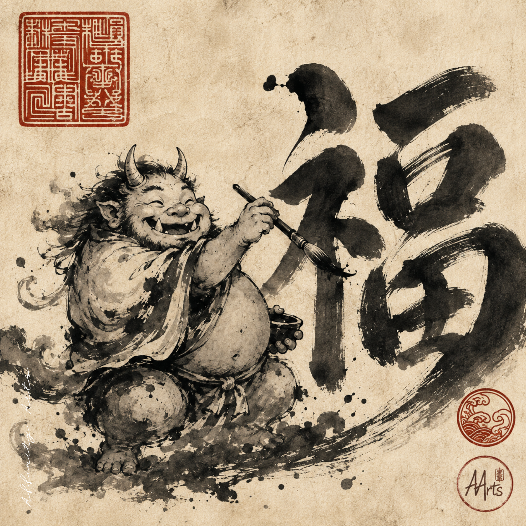 sumi-e style japanese oni wall art print — kanji fortune, archival matte poster