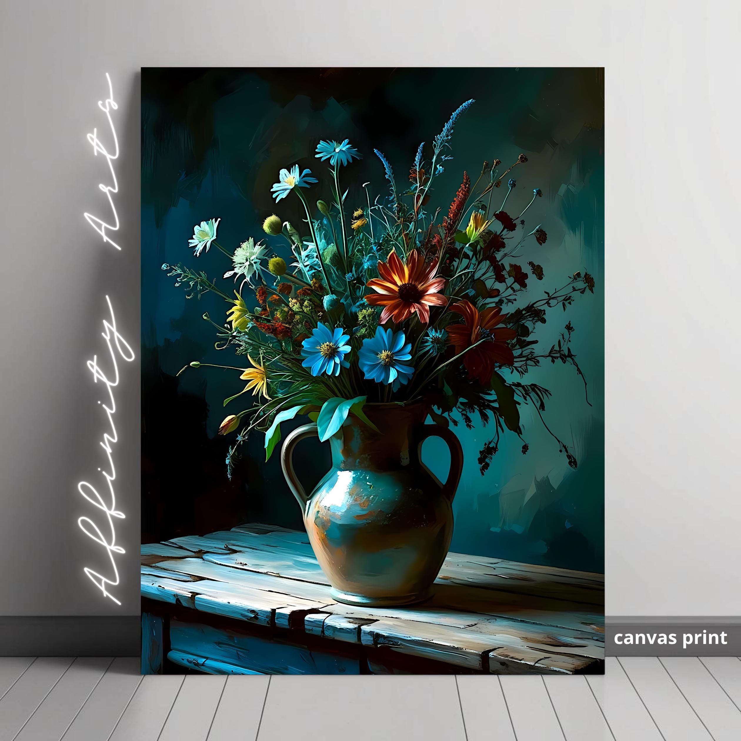 Artistic rendering of mixed flowers—daisies, cornflowers, sunflowers, and dahlias—in a handled clay pot on distressed wood, with dramatic low lighting and deep blue shadows.