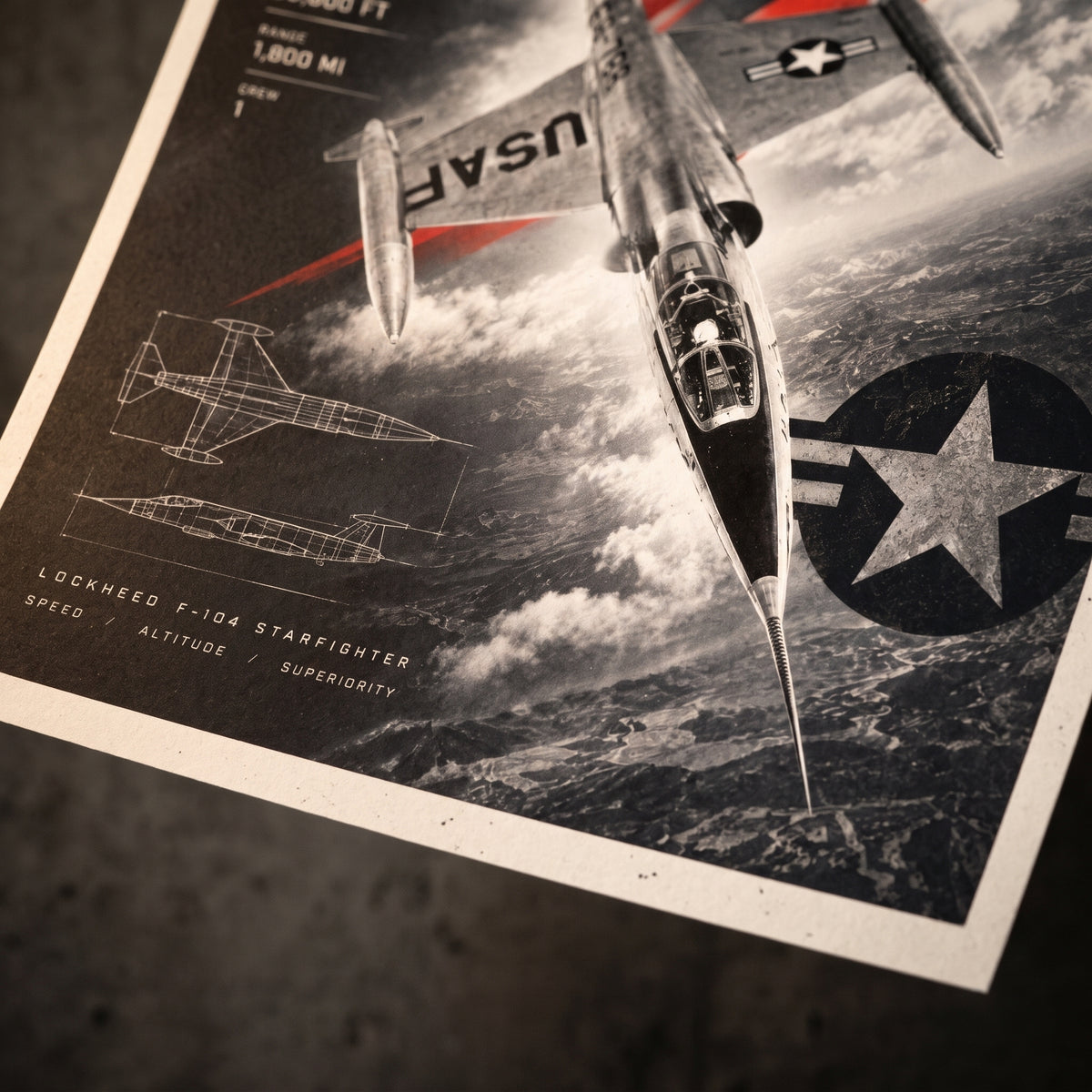 Cold War era jet fighter poster with a high-contrast black, white and red color palette