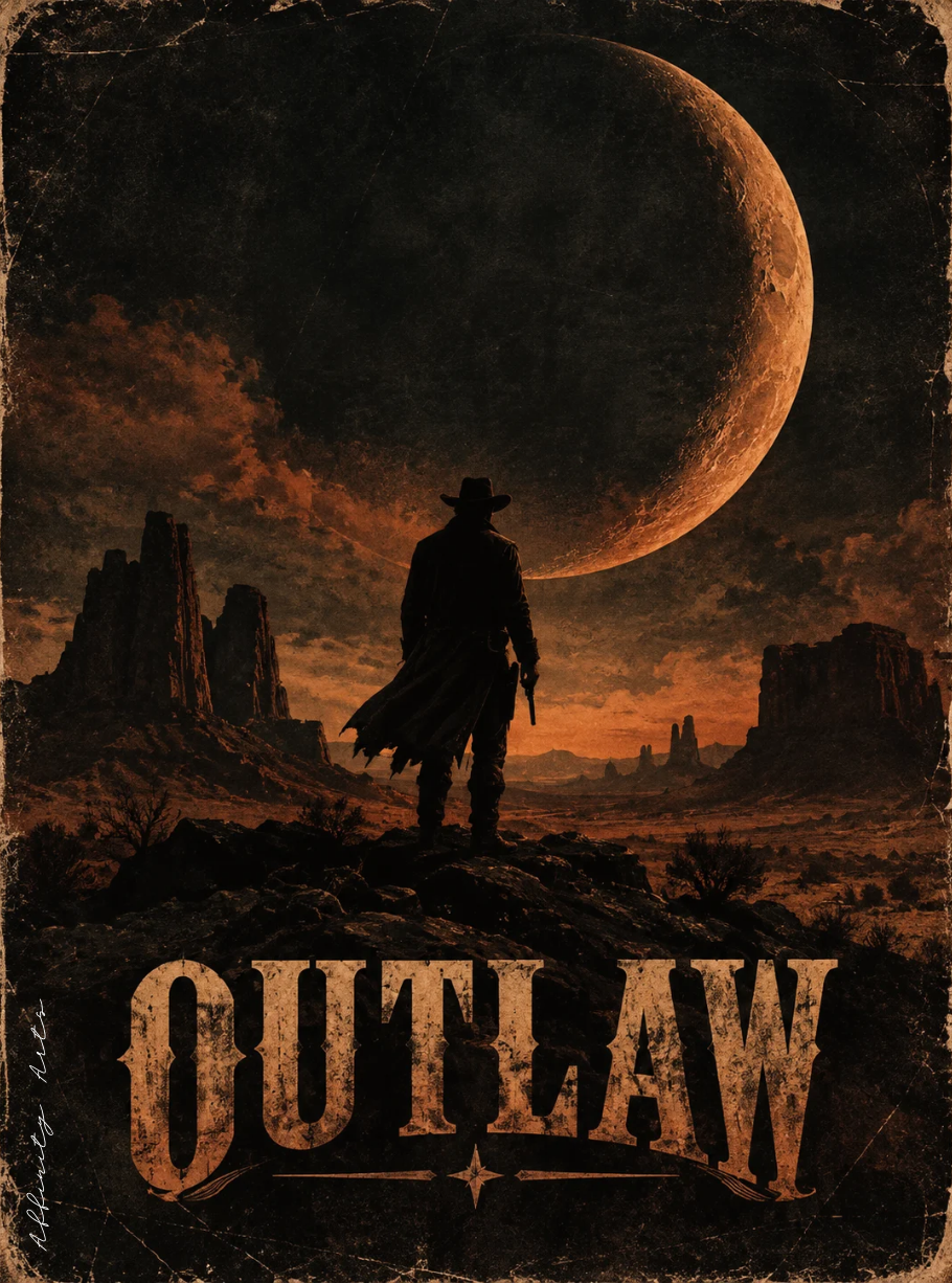 Vintage-style cowboy poster with distressed border, red mesas and a glowing desert moon