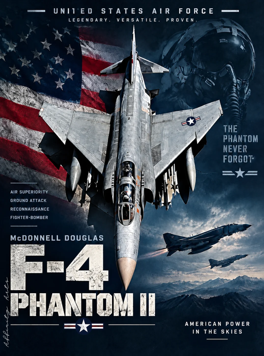 Fighter jet poster with a weathered American flag in red, white and navy