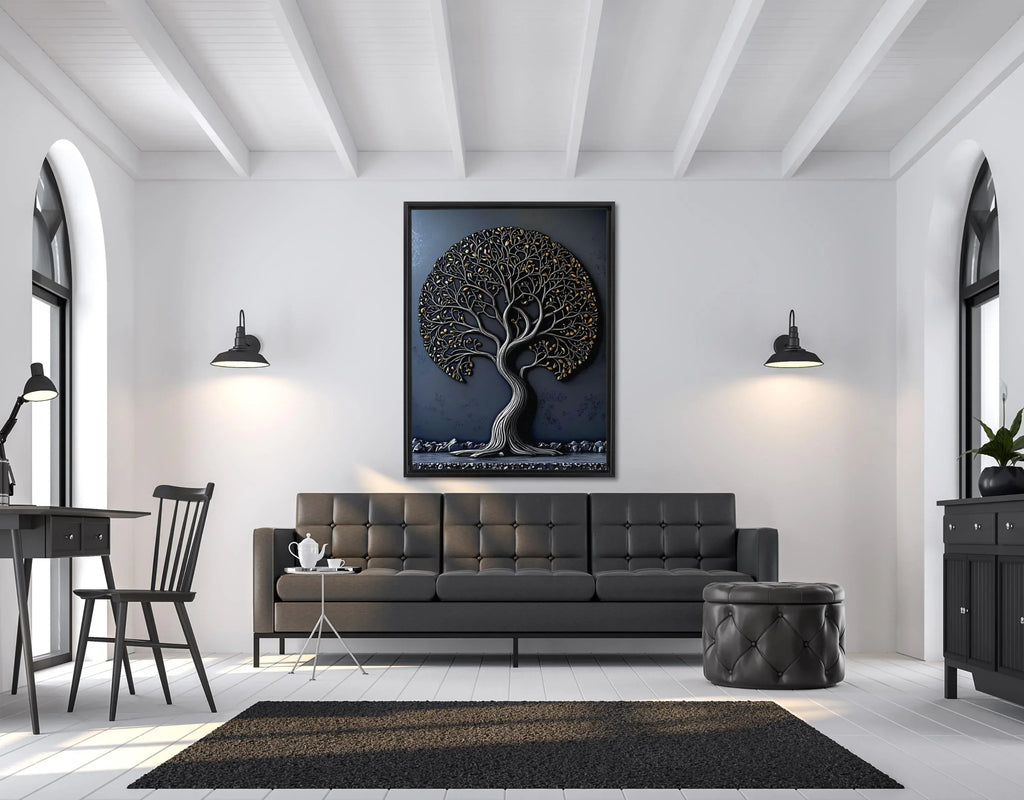 Tree of Life Canvas Art: Gold & Silver Metal Effect, Floating Frame - AffinityArts 