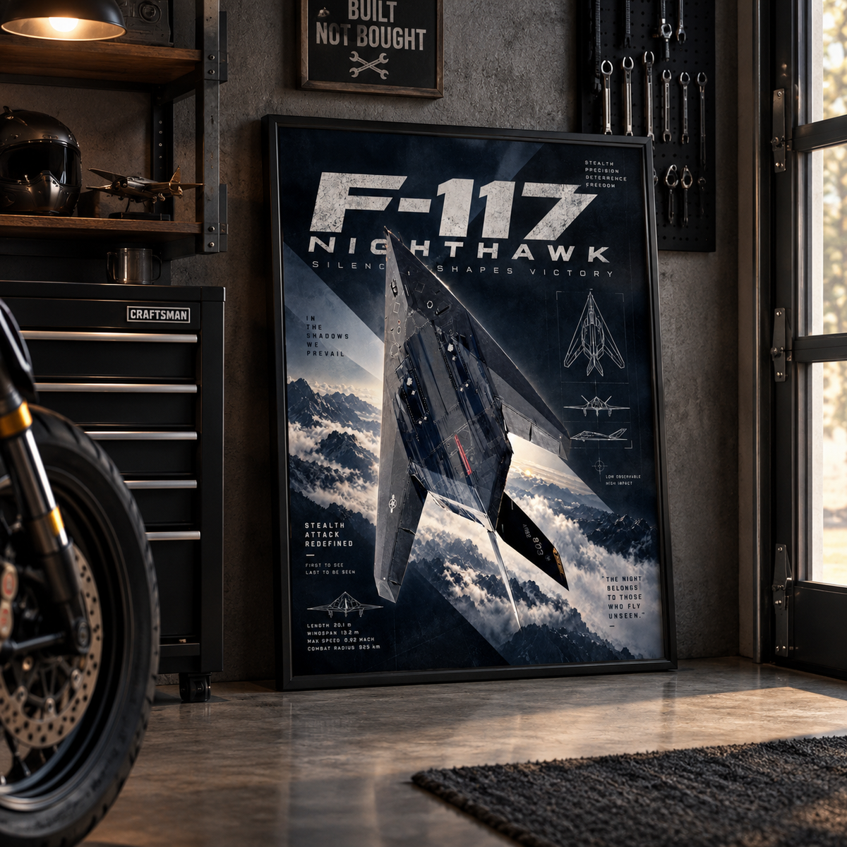 F-117 Nighthawk stealth fighter poster, full view of the black faceted aircraft seen from below against mountain clouds