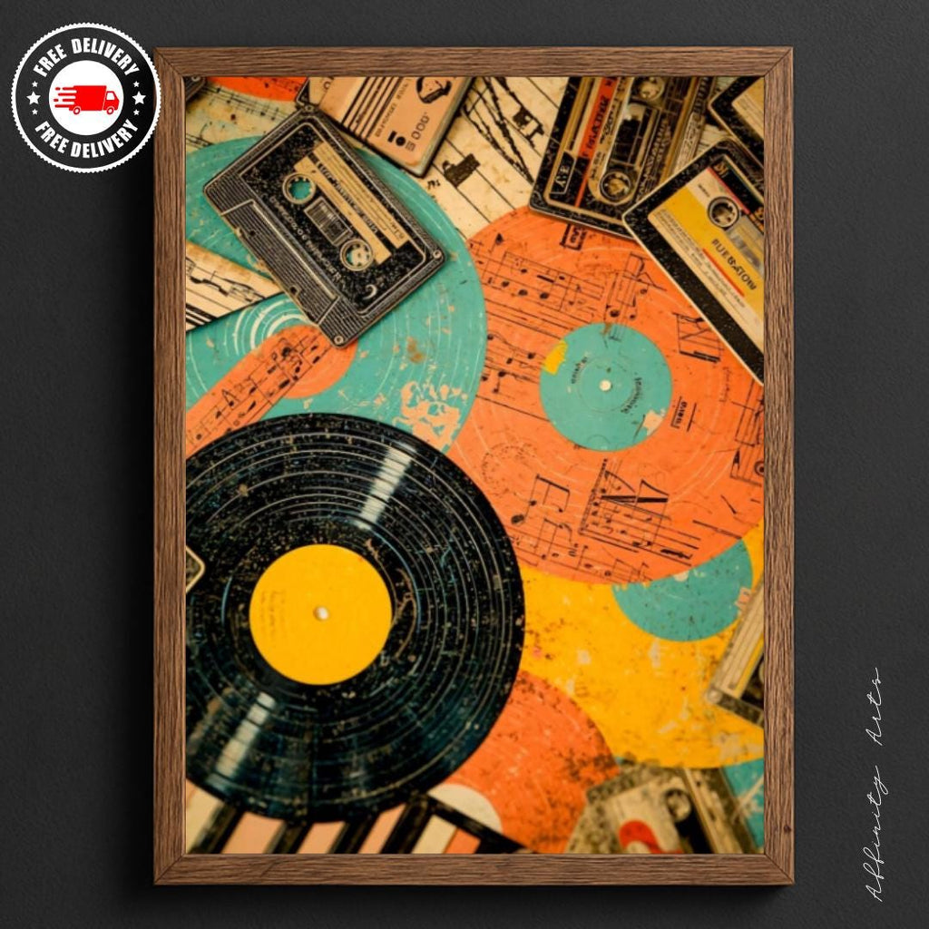 Retro Vinyl & Cassette Music Poster – Satin Finish Art Print AffinityArts