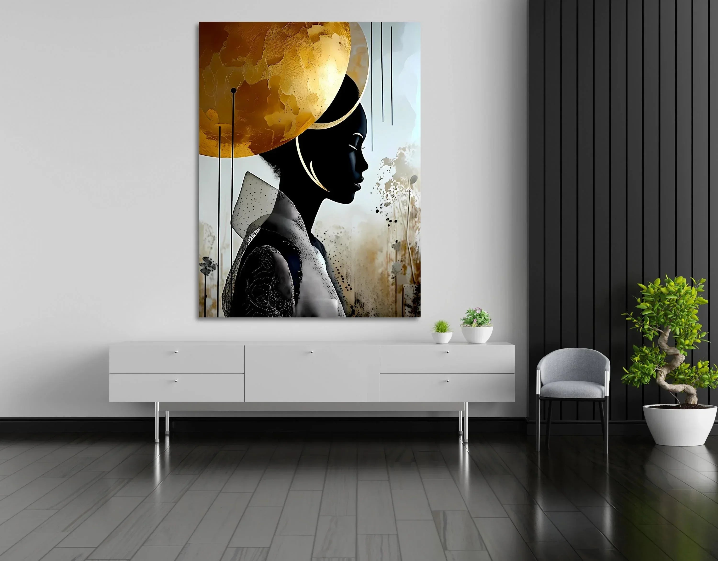 Golden Halo African Woman Portrait: Abstract Afrocentric Art - AffinityArts 