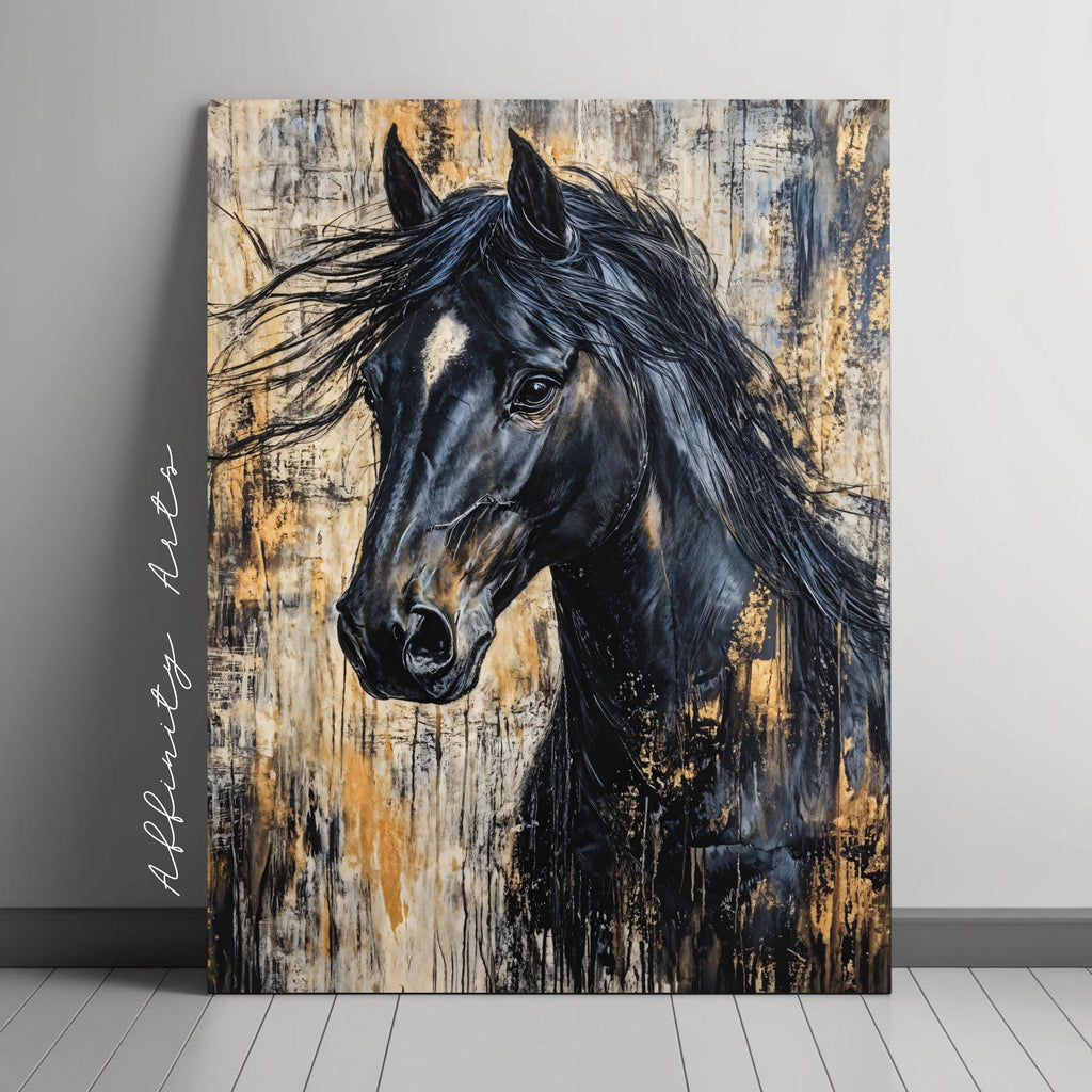 A majestic close-up portrait of a black horse with flowing mane, piercing eyes, and golden textured accents on a dark abstract background.
