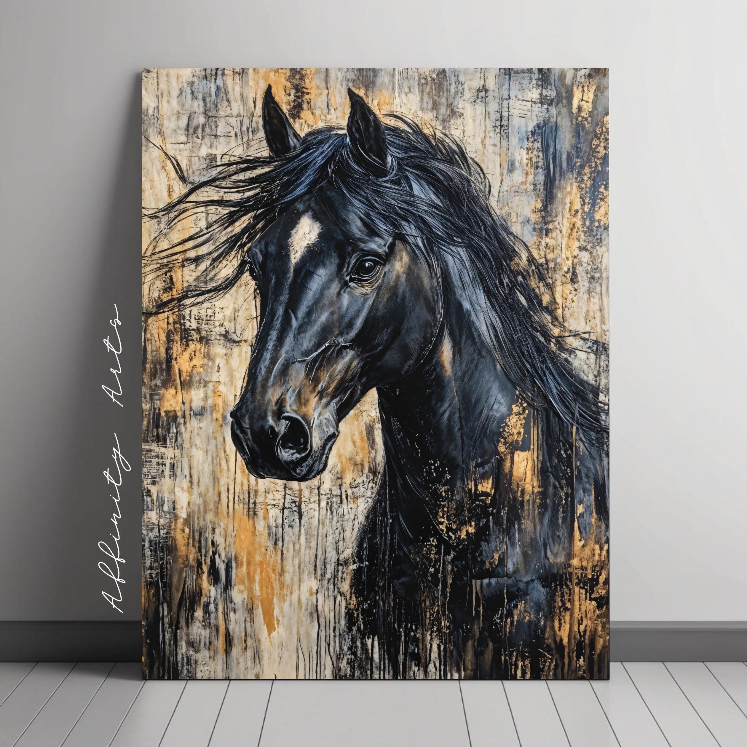A majestic close-up portrait of a black horse with flowing mane, piercing eyes, and golden textured accents on a dark abstract background.
