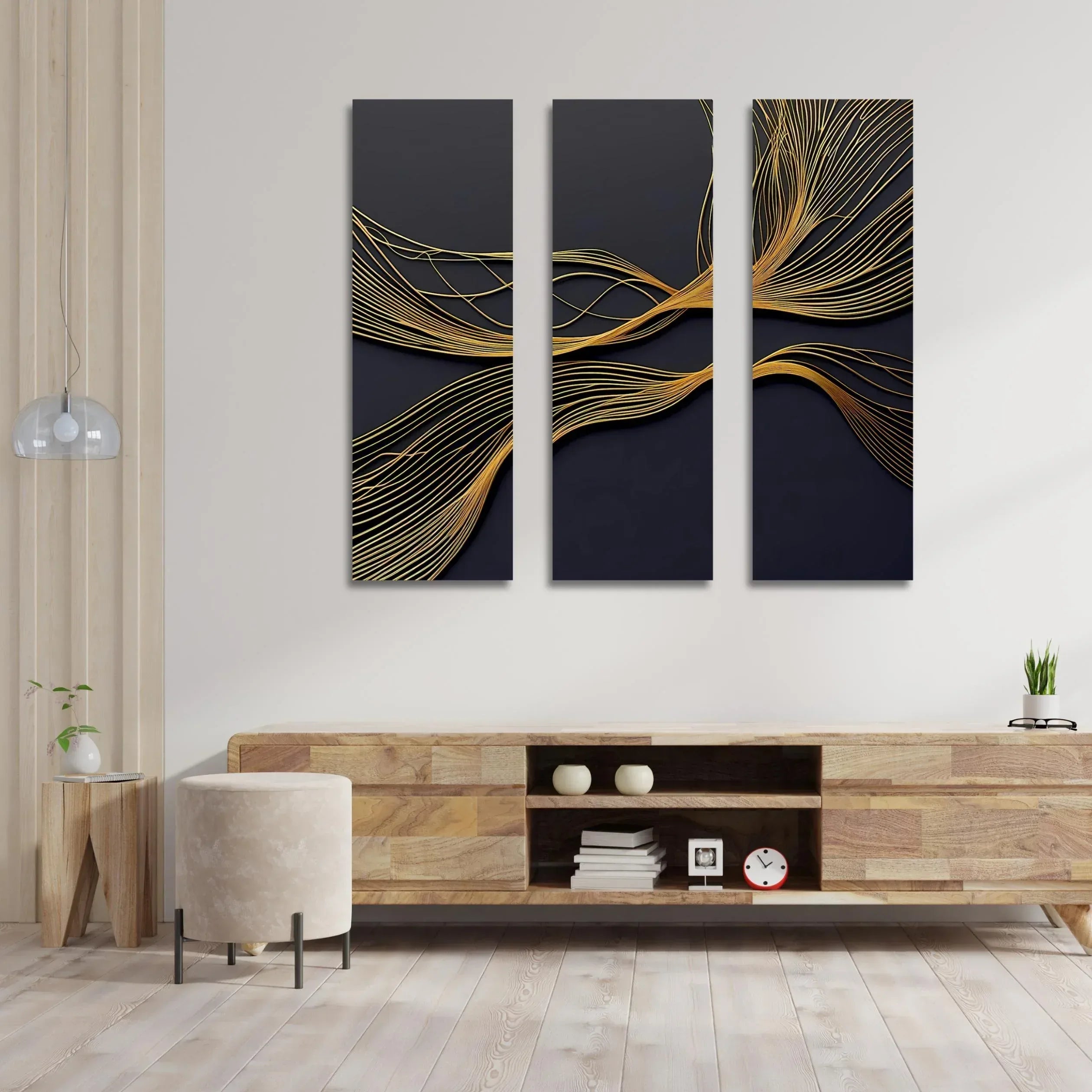 Gold Line Abstract Triptych Canvas Art: Modern Black and Gold Wall Decor - AffinityArts 