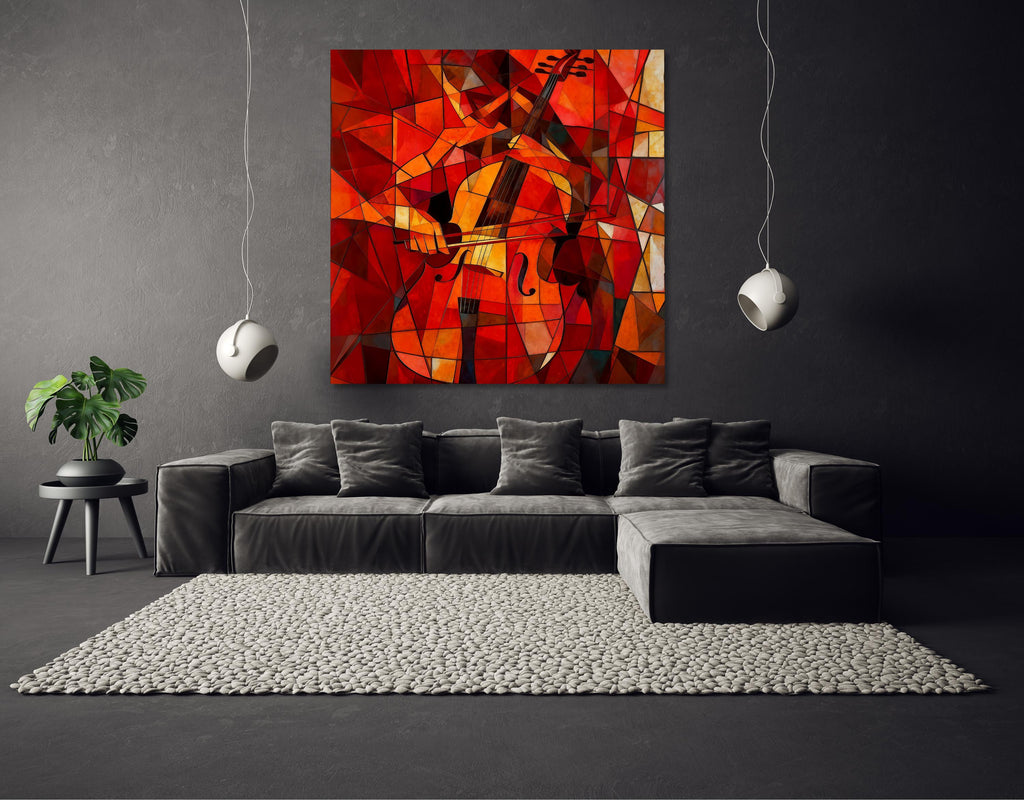 Cubism Cello Canvas Wall Art | Red Orange Abstract Music Painting | Wooden stretcher frame AffinityArts