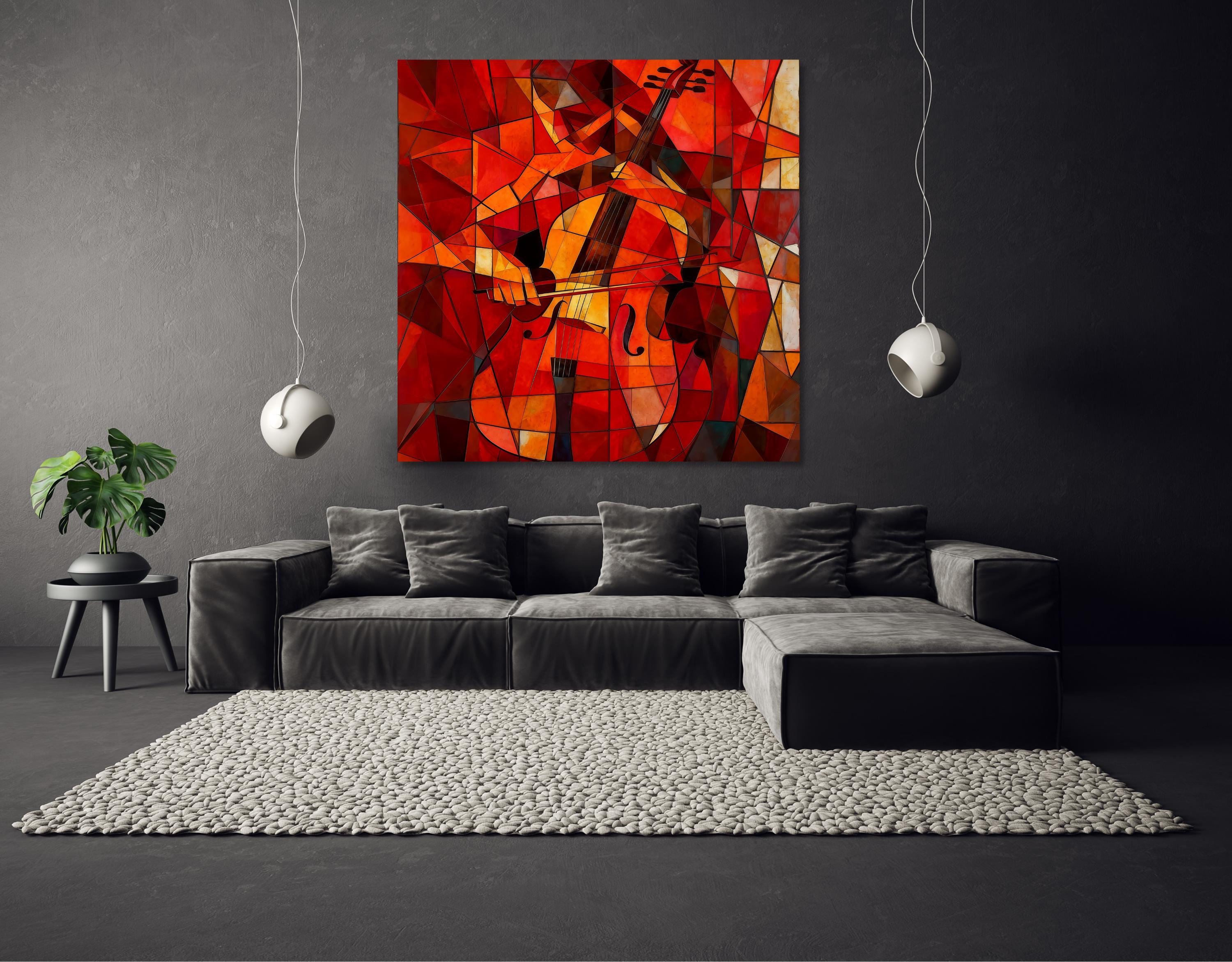 Cubism Cello Canvas Wall Art | Red Orange Abstract Music Painting | Wooden stretcher frame AffinityArts