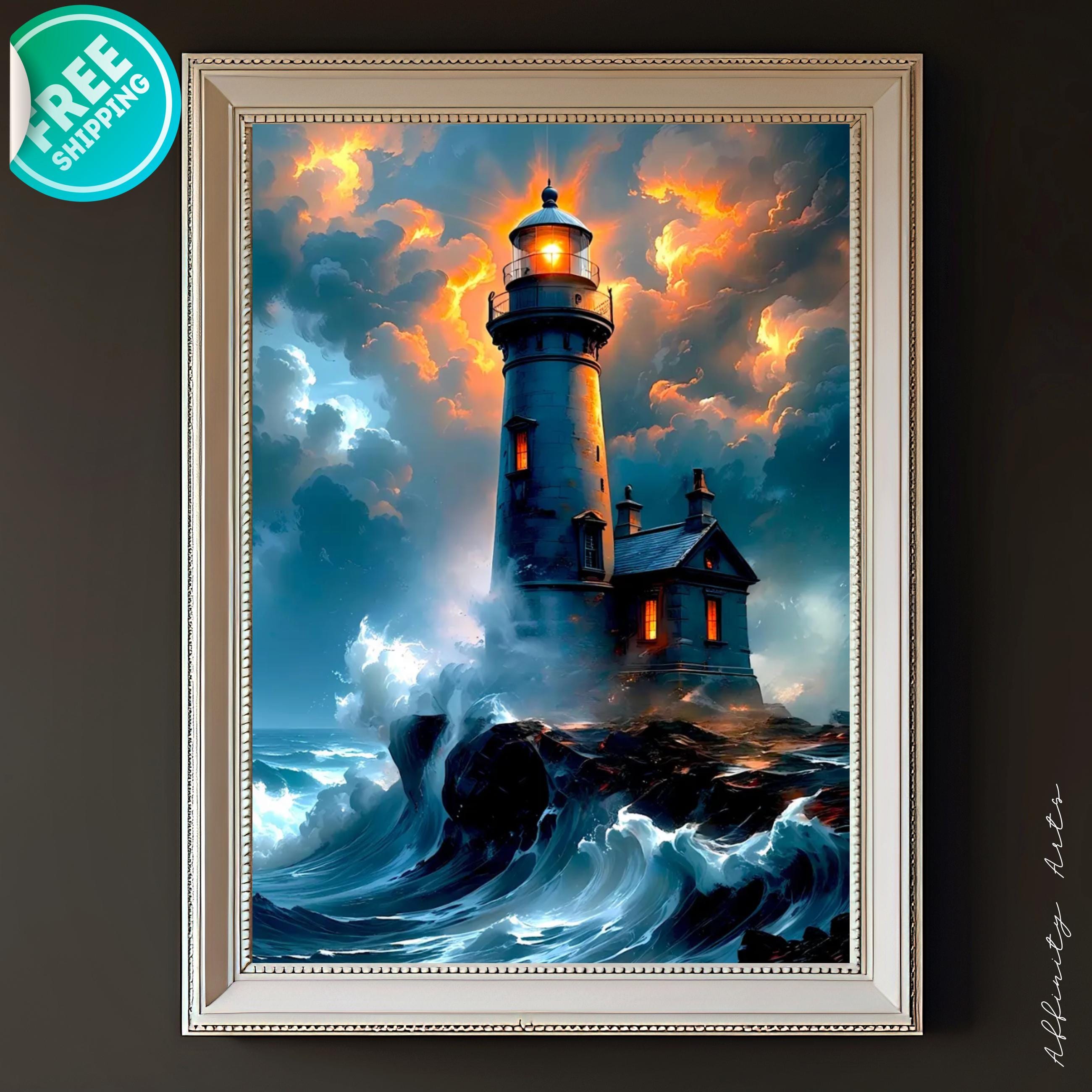 Dramatic seascape: Gray lighthouse beams golden light amid crashing waves and stormy orange clouds on rocky shore.