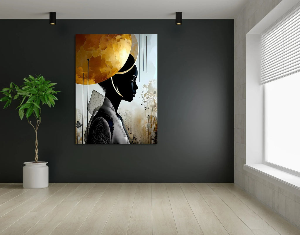Golden Halo African Woman Portrait: Abstract Afrocentric Art - AffinityArts 