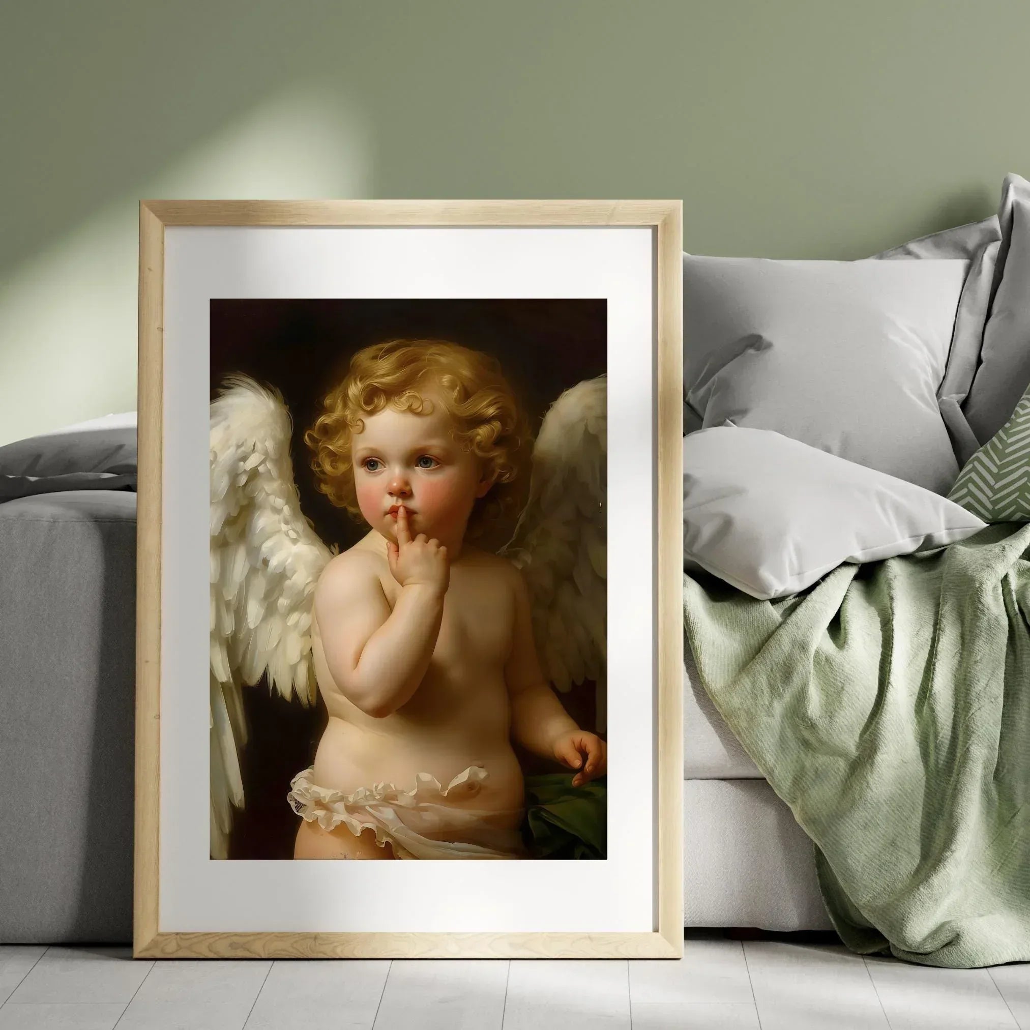 Winged Angel Art Print, Gold Curl Painting, Classic Home Decor (Digital File Option) - AffinityArts 