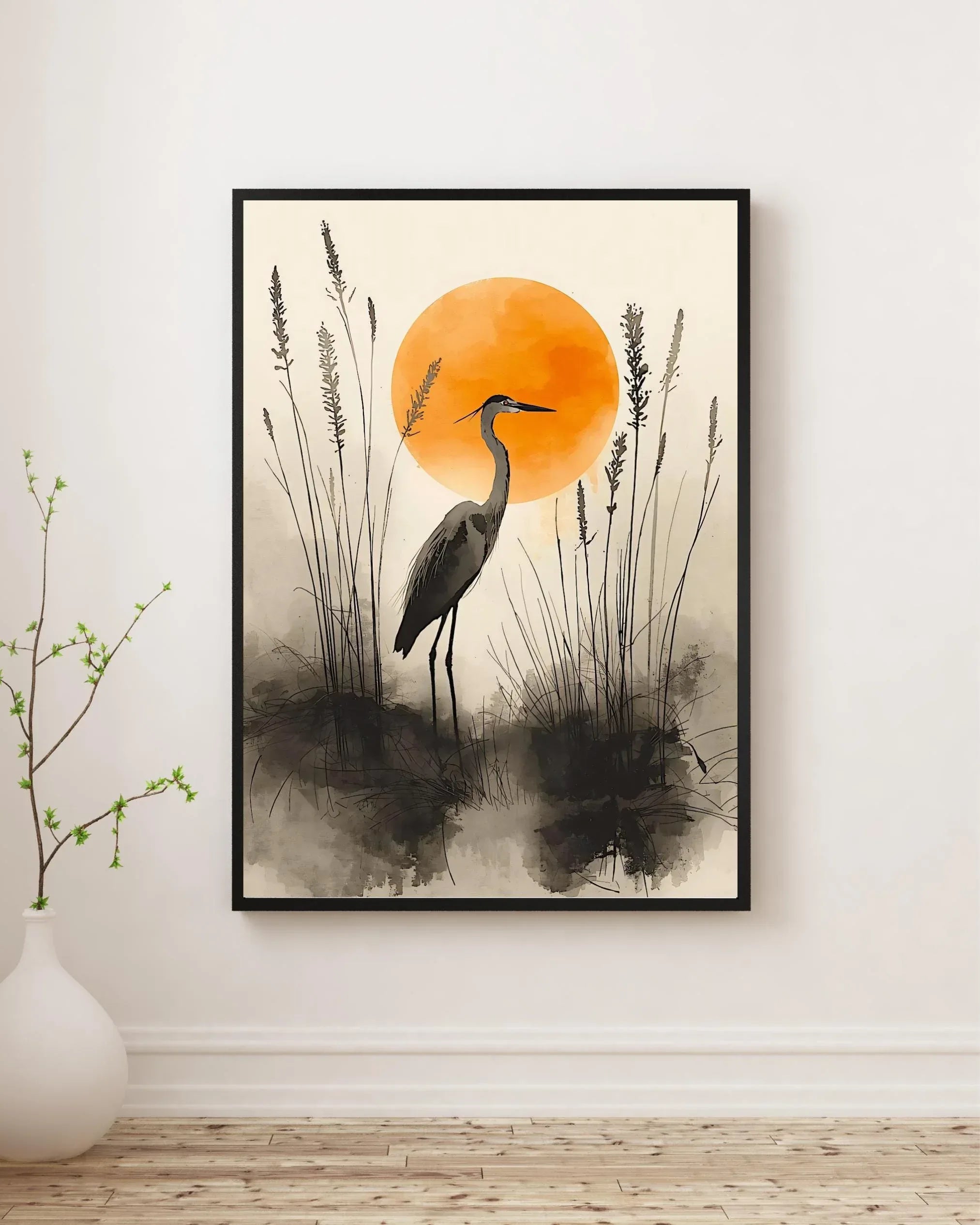 Watercolor Heron Art Print: Japanese Style Sunrise Poster - AffinityArts 