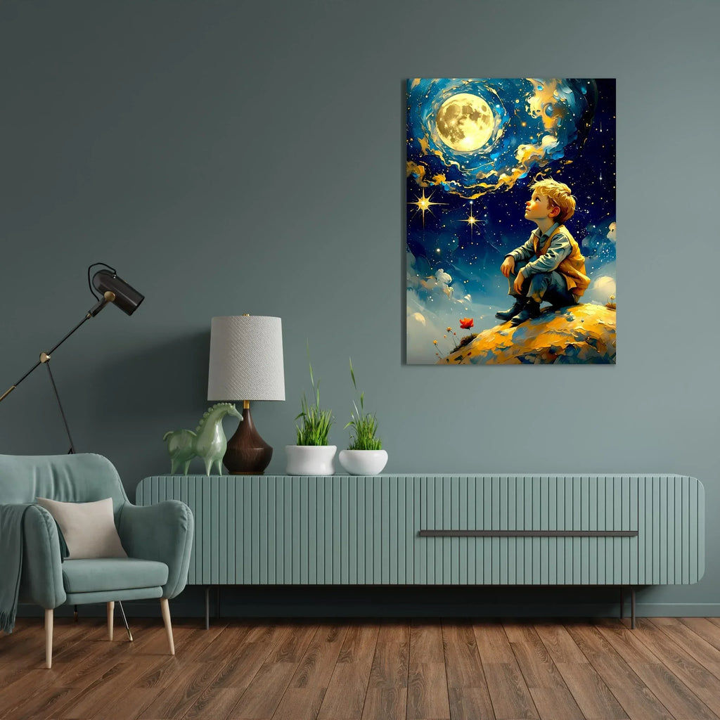 Fantasy Moon Wall Art – Dreamy Boy Under Starry Sky Canvas Print - AffinityArts 