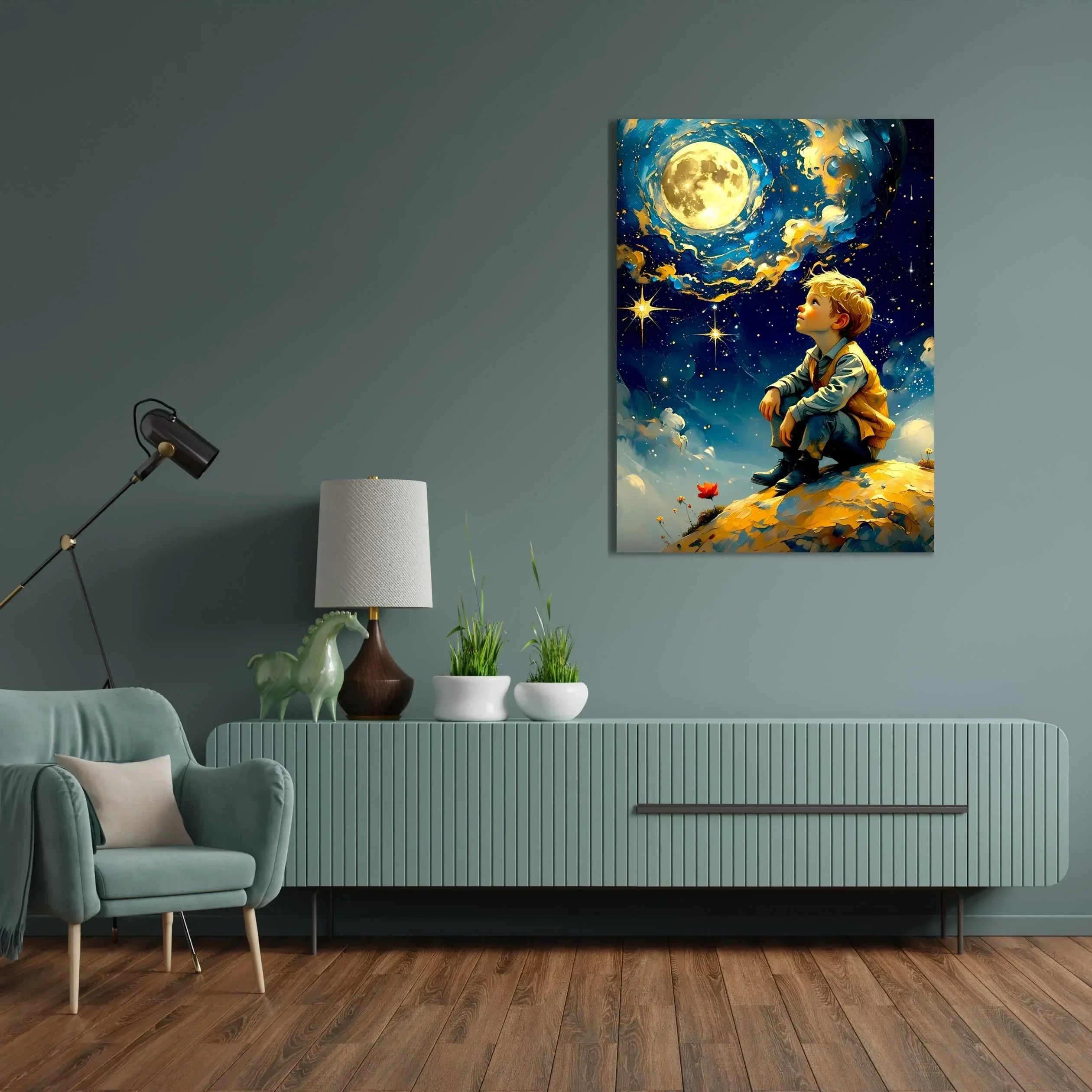 Fantasy Moon Wall Art – Dreamy Boy Under Starry Sky Canvas Print - AffinityArts 