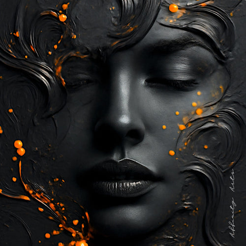 Abstract black sculpted female face with flowing textures and bright orange paint splashes.
