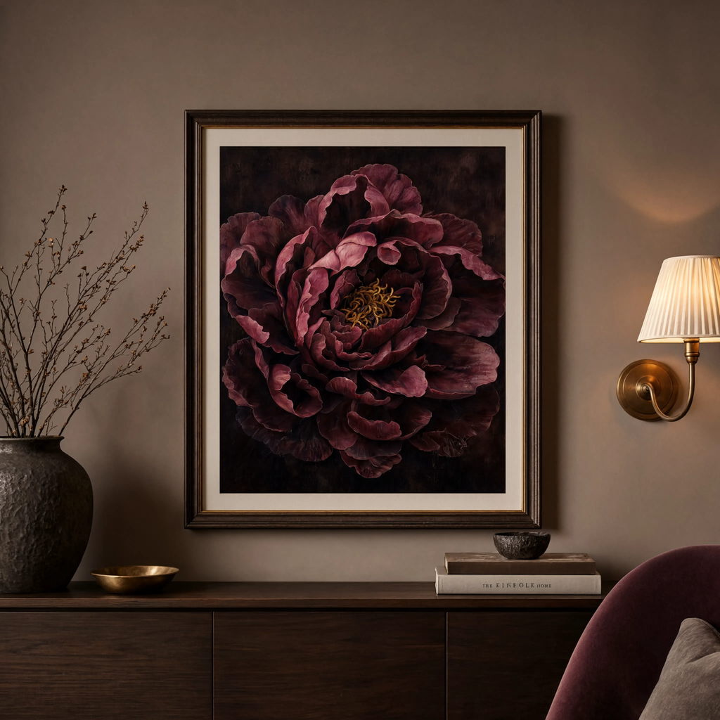Burgundy peony matte poster hung in a dining area with blush and brass accents.