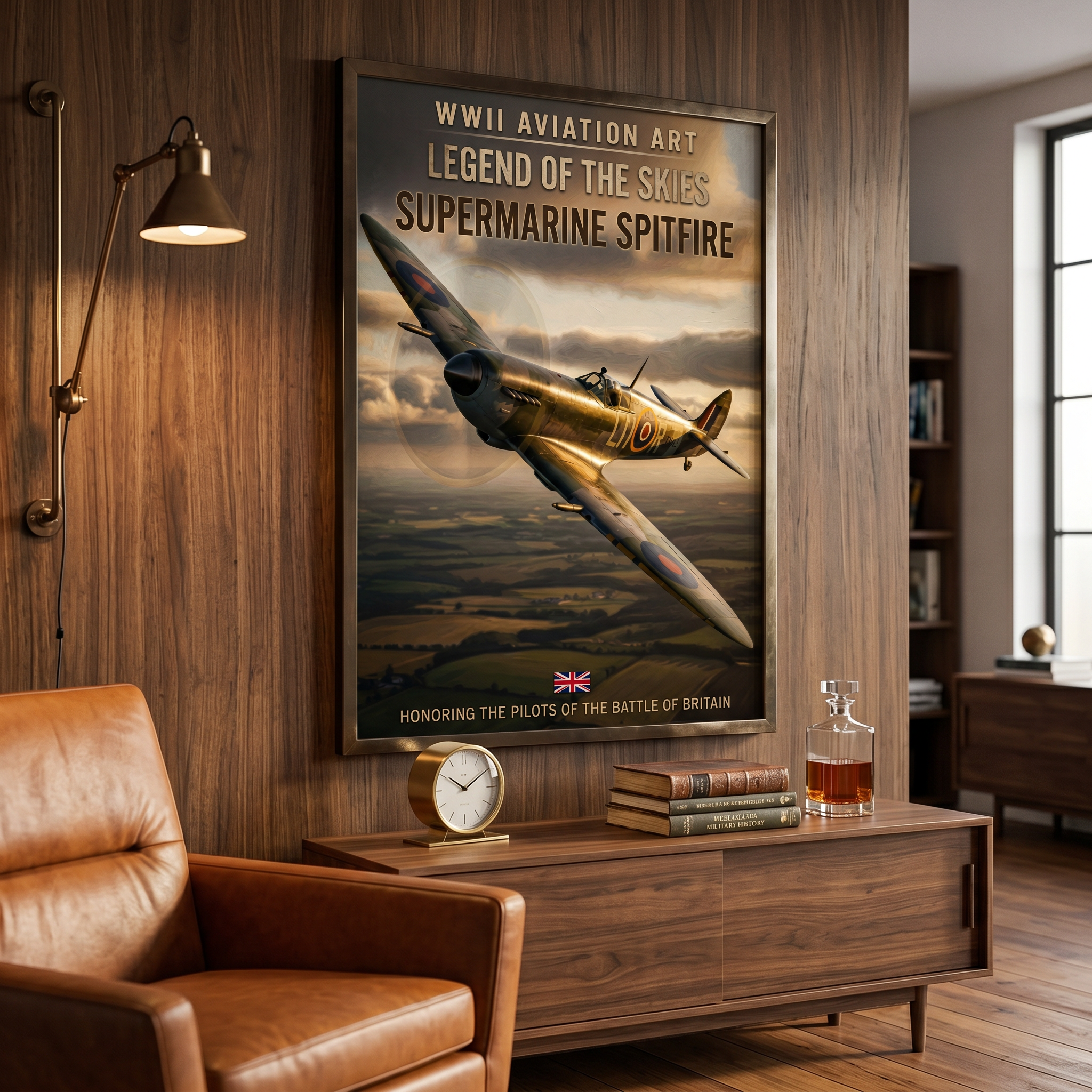 Golden light on a Spitfire fuselage — vintage WWII plane poster, retro aviation wall art
