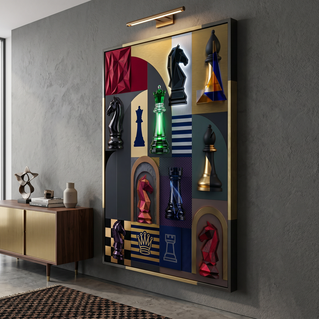 Chess pieces art print — twelve-panel grid collage, dark abstract style, available in poster and stretched canvas formats