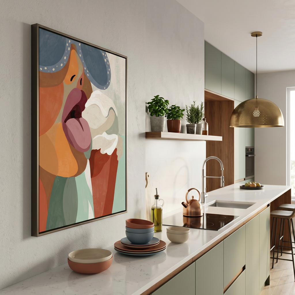 Pop art wall art print — abstract woman face, ice cream, burnt orange dusty rose sage green palette, funky home decor