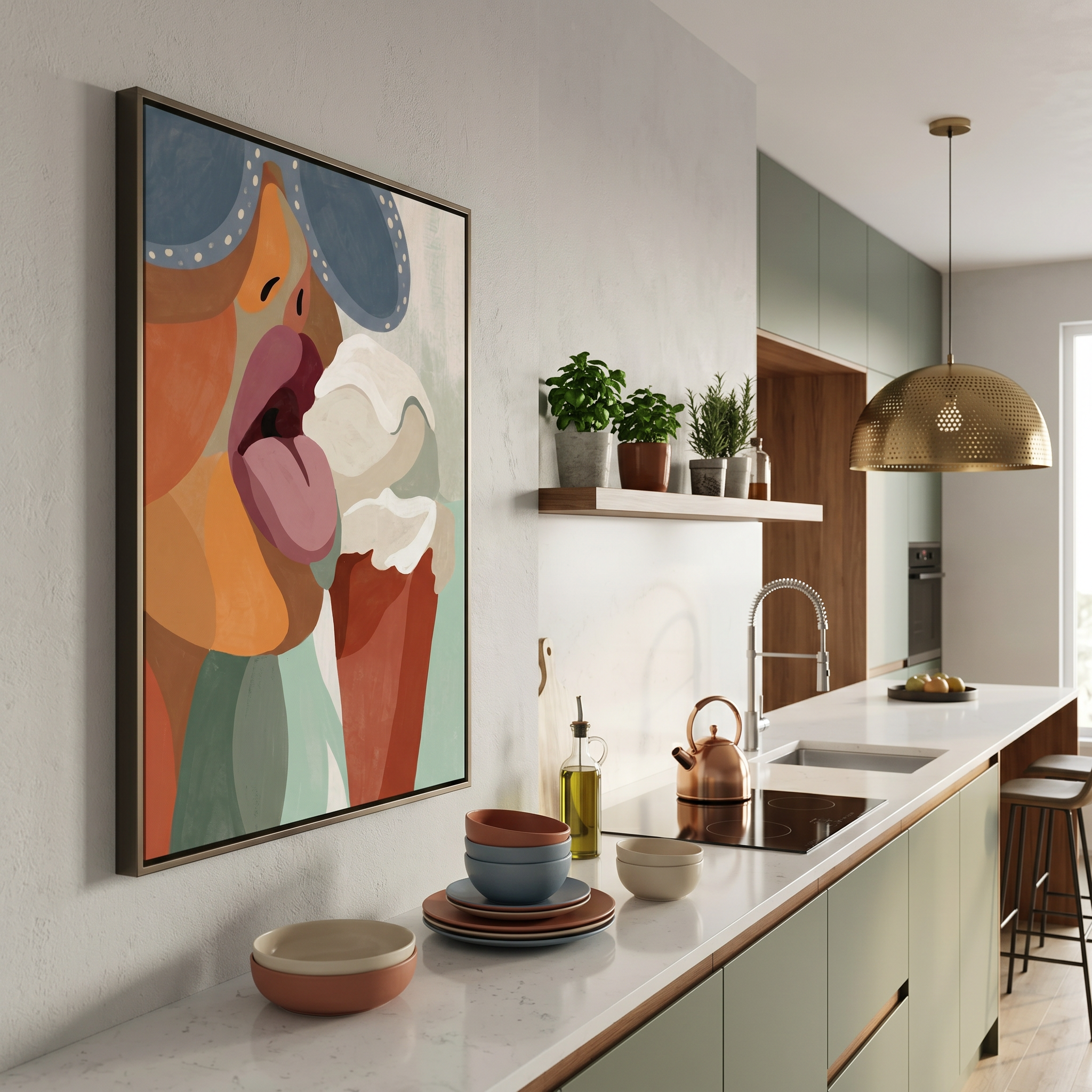 Pop art wall art print — abstract woman face, ice cream, burnt orange dusty rose sage green palette, funky home decor