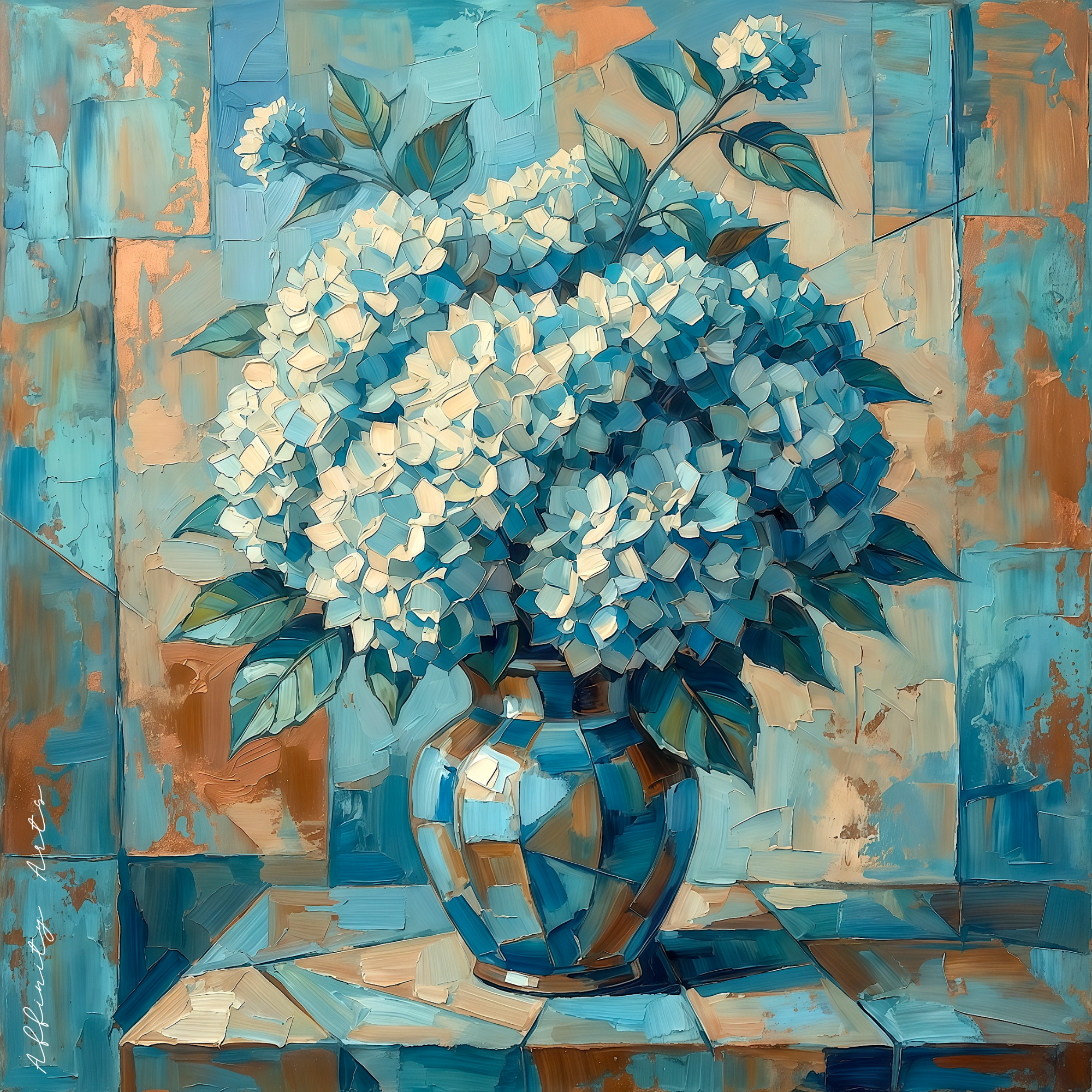 Blue hydrangea wall art — vintage floral print, teal and copper cubist background, botanical still life, archival quality