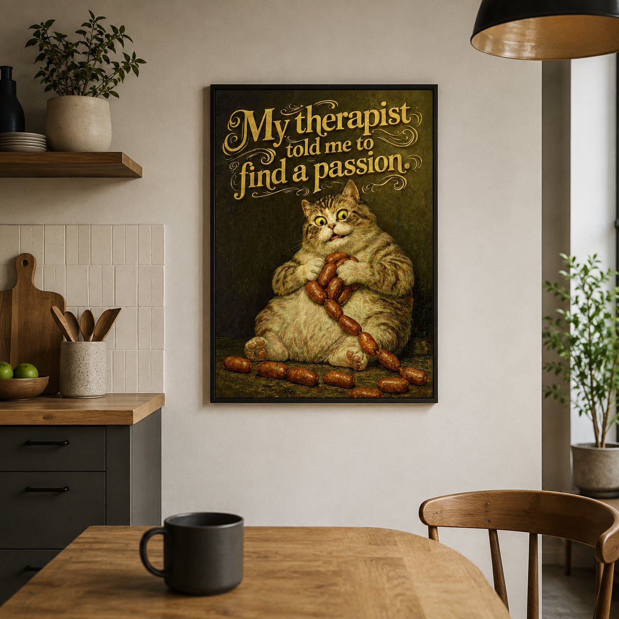Funny fat cat clutching sausages under gold vintage text, kitchen wall art print