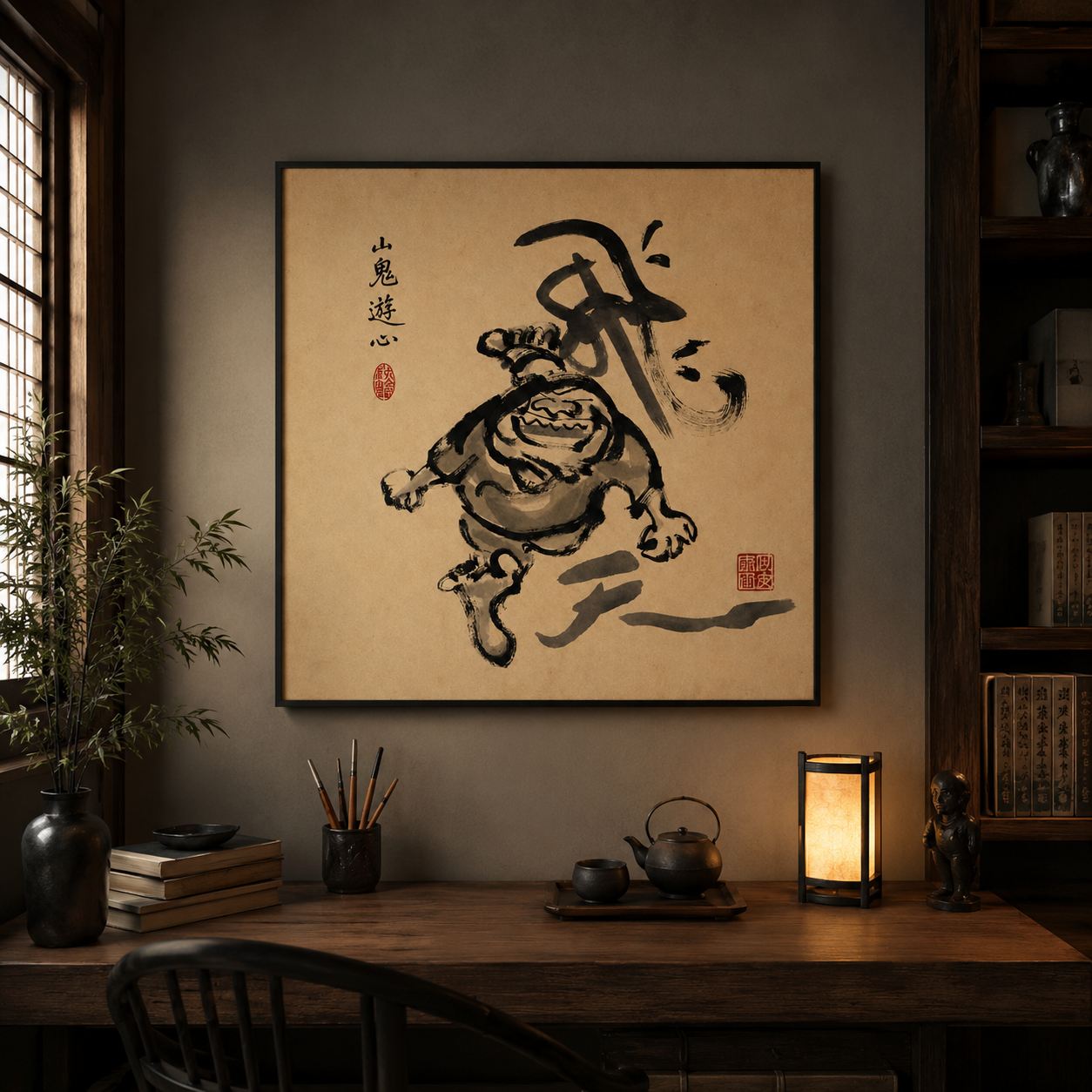 Oriental ink painting in the otsu e folk art style, premium matte poster for home or office
