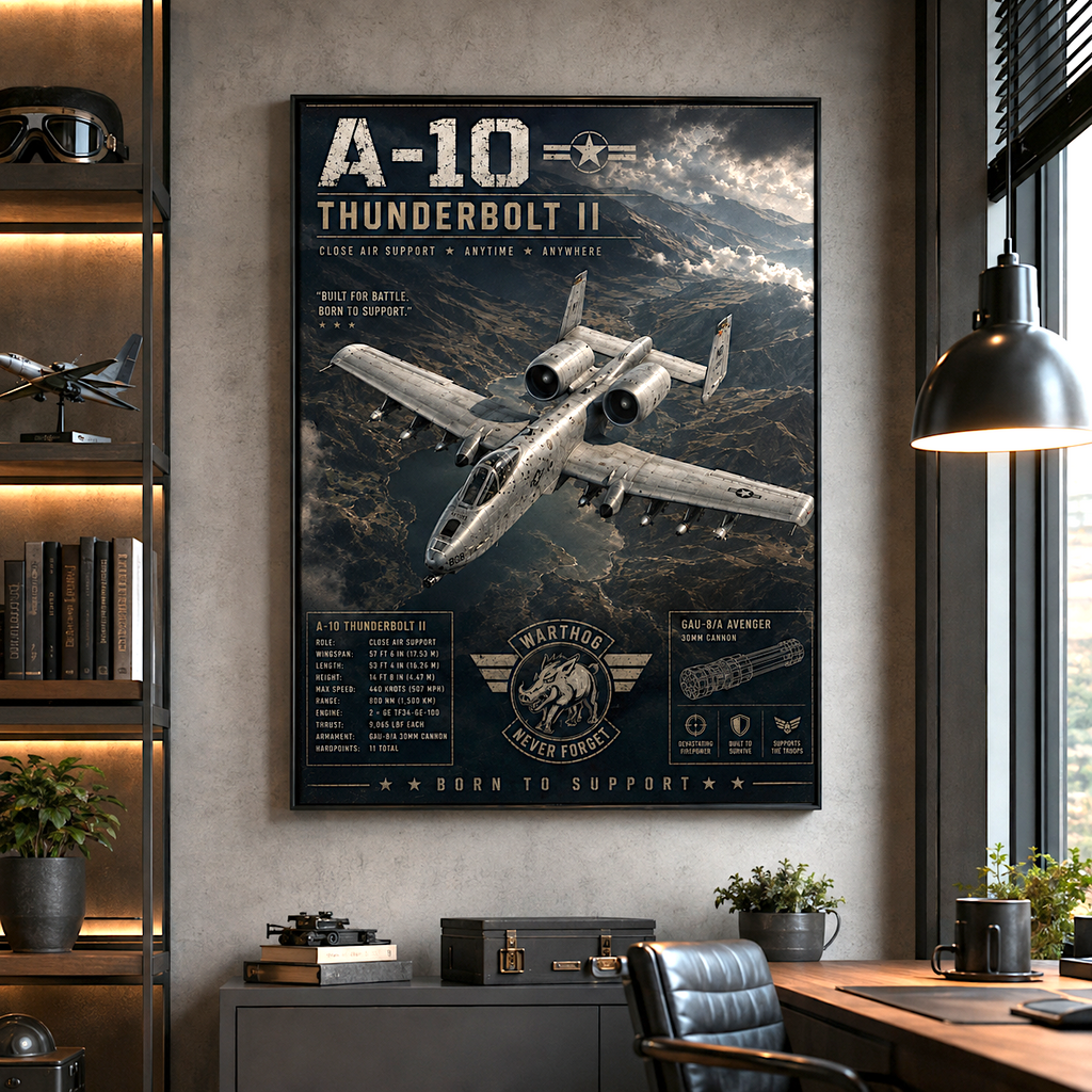 Military jet print on a garage wall — quiet tribute to strength and craft