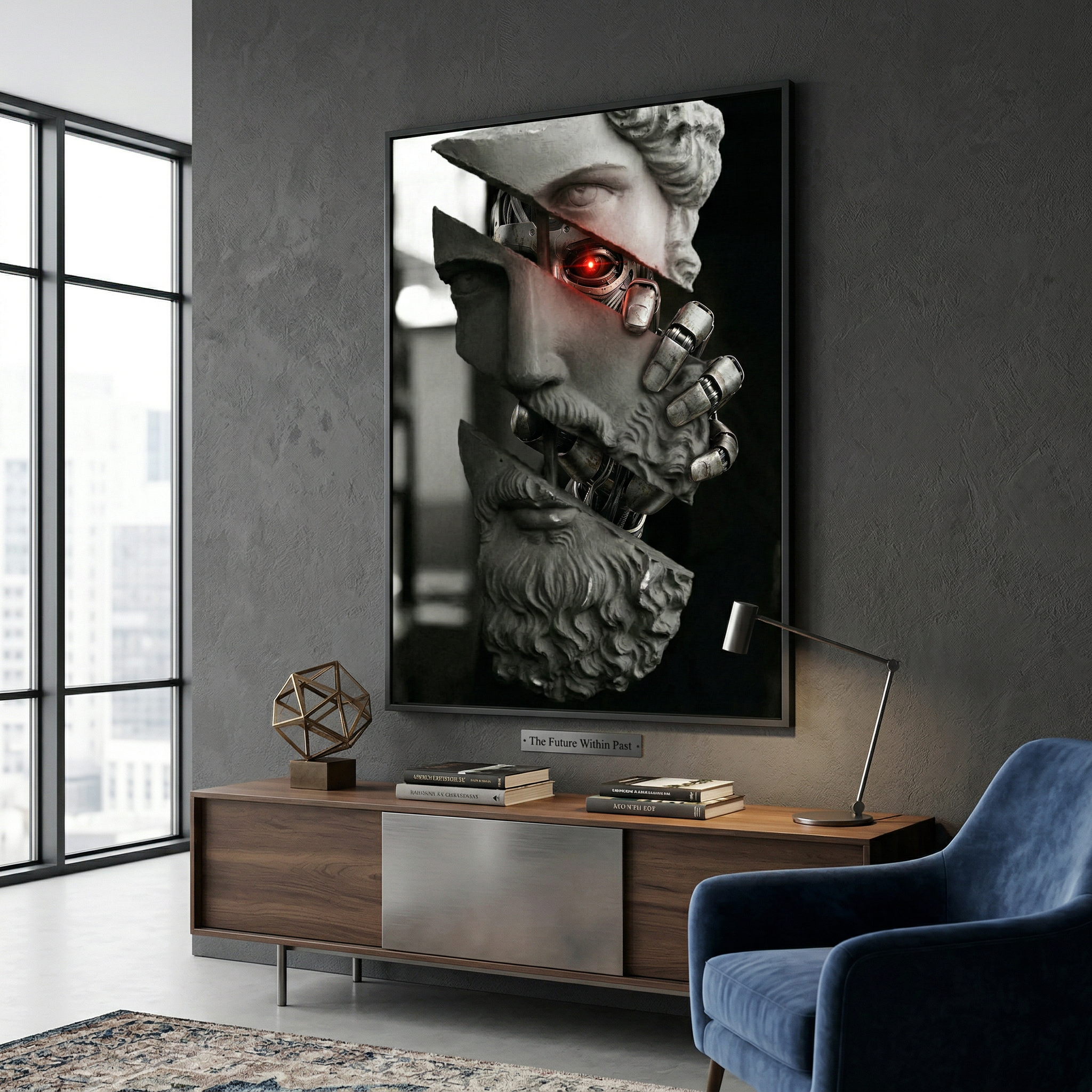 Dark charcoal wall, one red eye looking back — moody wall art that holds the room without trying
