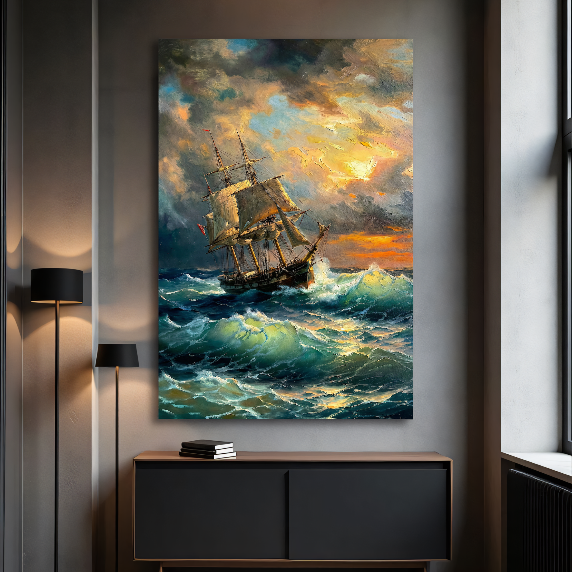nautical wall art sailing ship in storm dramatic ocean scene